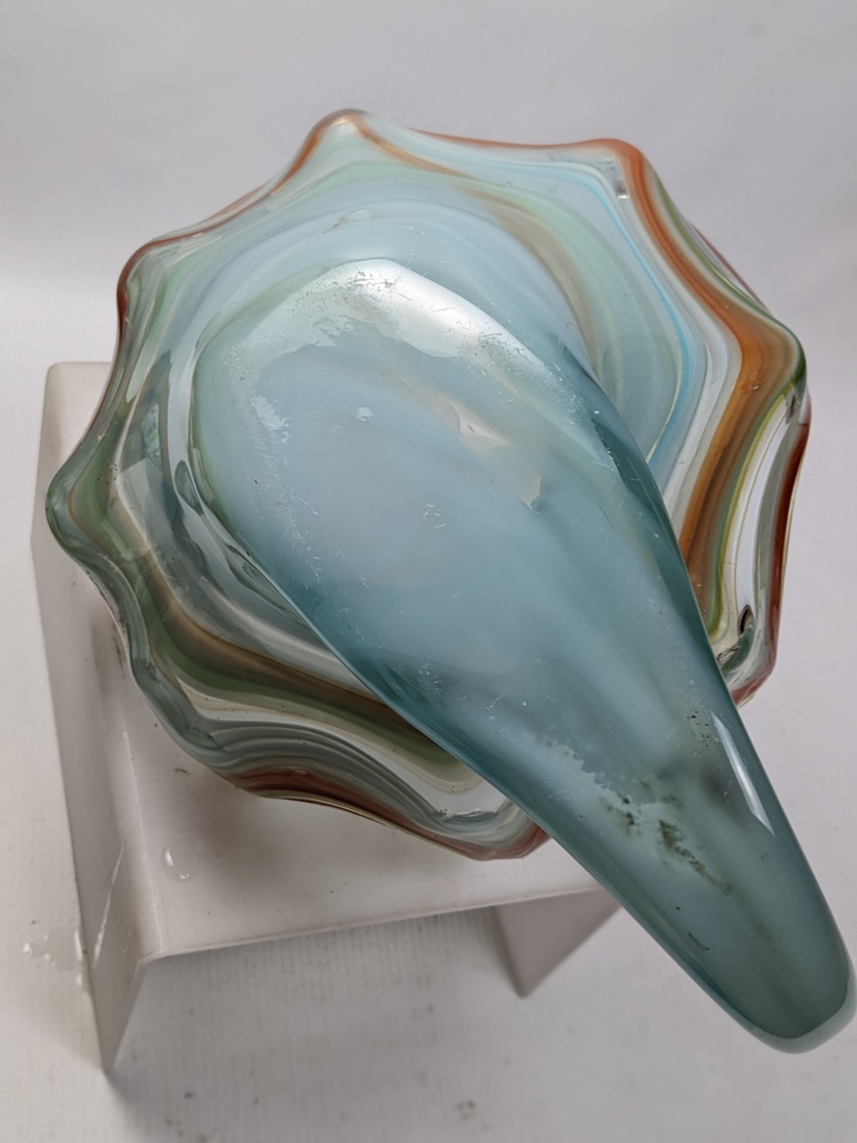 Vintage Hand-Blown Art Glass Basket Murano Style Wavy Edge 7.5″ x 7.5″ x 10 3/4″