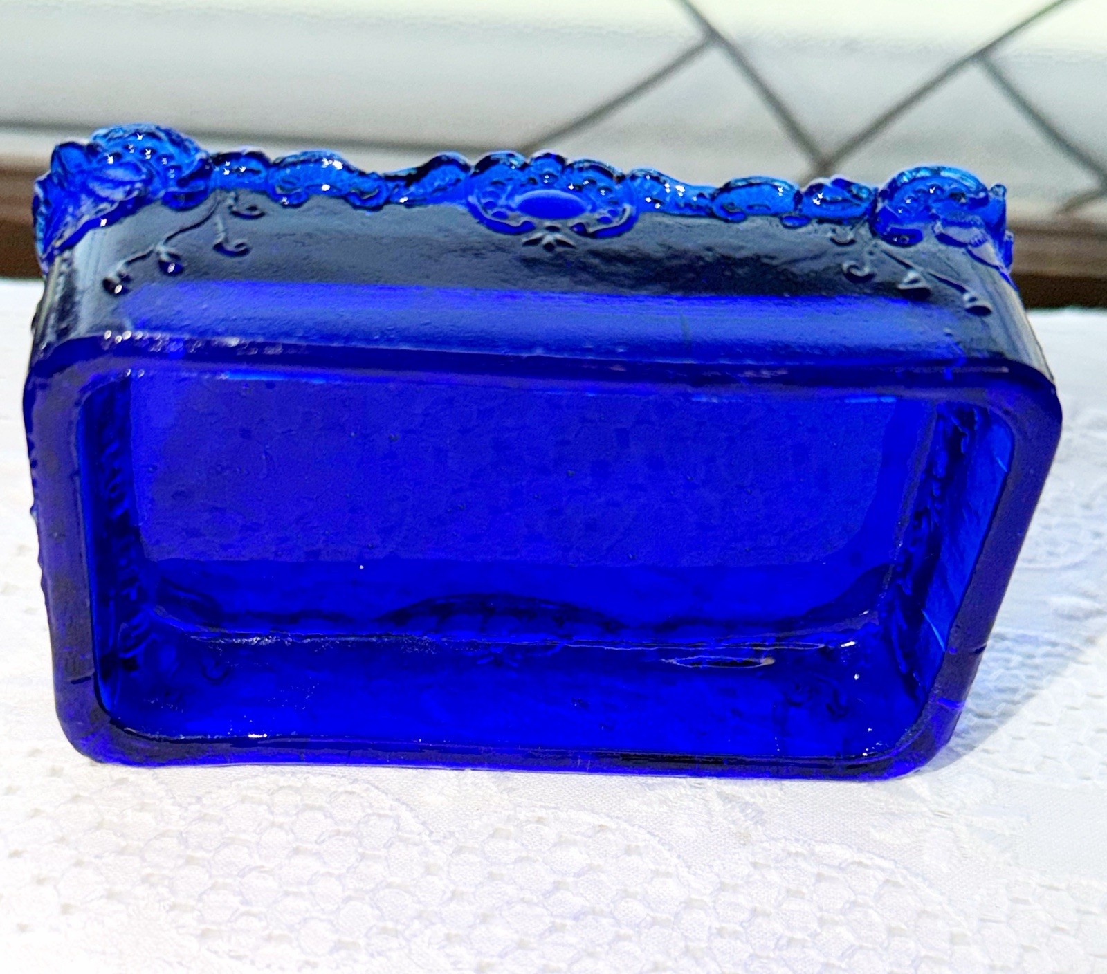 Vintage Cobalt Blue Glass Lidded Trinket Box- Floral Design – Please Read G6