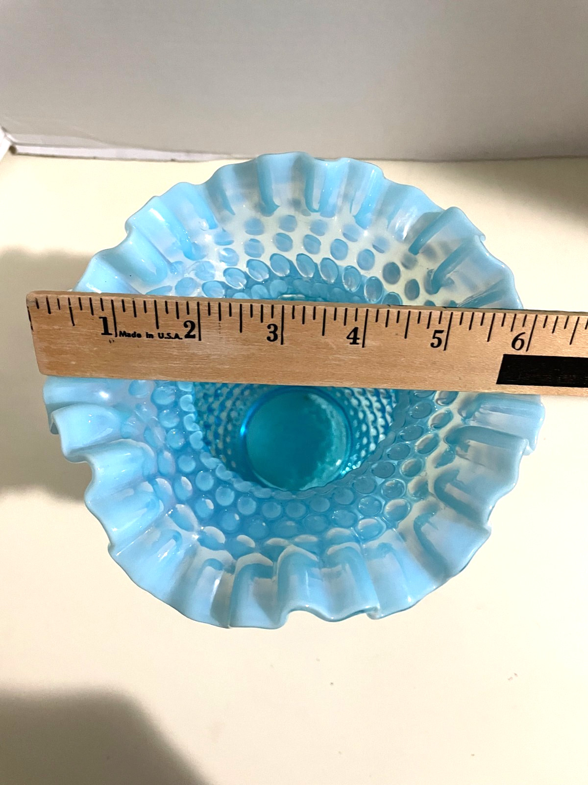 Fenton Blue Opalescent Hobnail 8″ Vase Double Ruffle Rim Vtg.