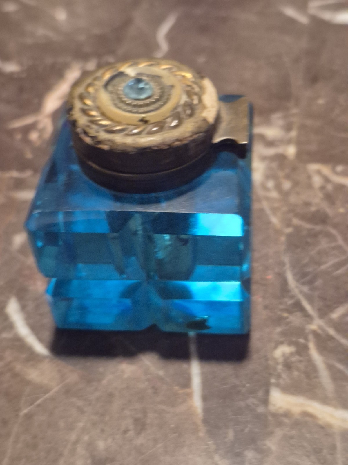 Antique Art Deco Azure Blue Cut Glass Ink Well