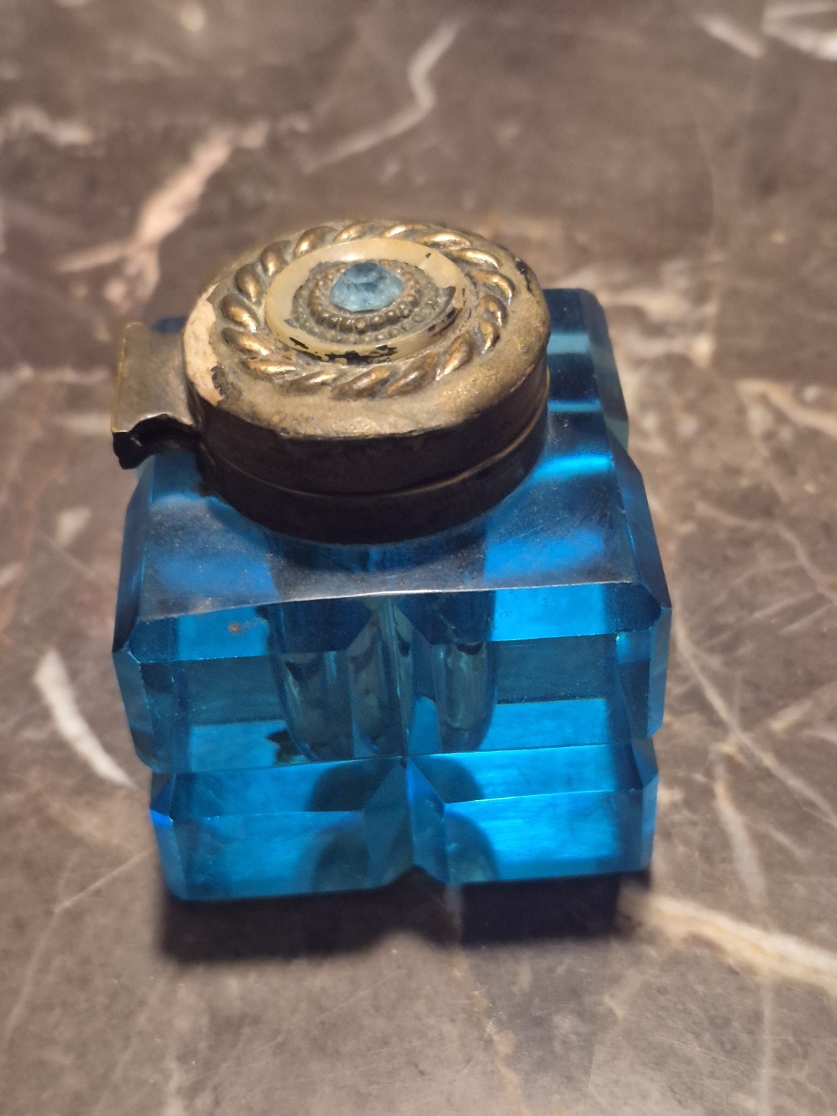 Antique Art Deco Azure Blue Cut Glass Ink Well