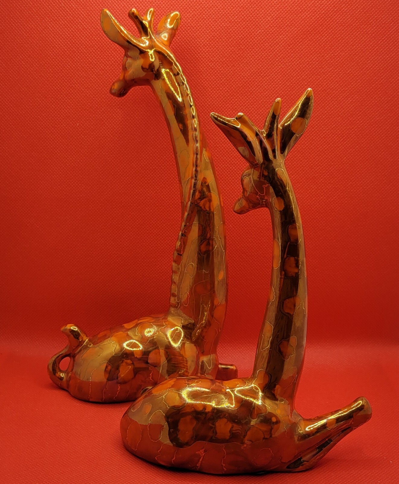 Pair of Vintage MCM Styled Ceramic Giraffe Figurines 1970s Orange Gold Animals