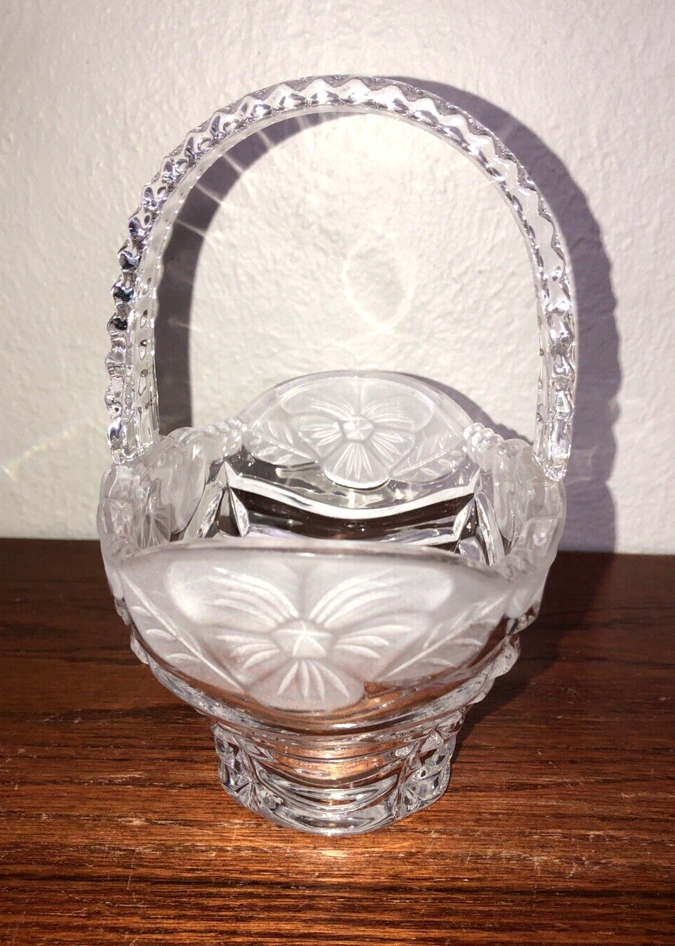 Vintage Crystal Clear Industries Embossed Frosted Floral Basket Germany 7″ Tall
