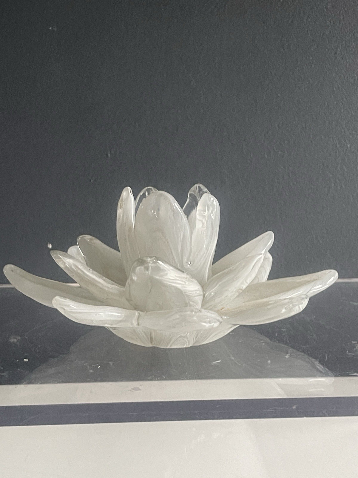 MT Glass Hand Blown White Clear Art Glass Lotus Flower Candle Holder Bowl 6.5”