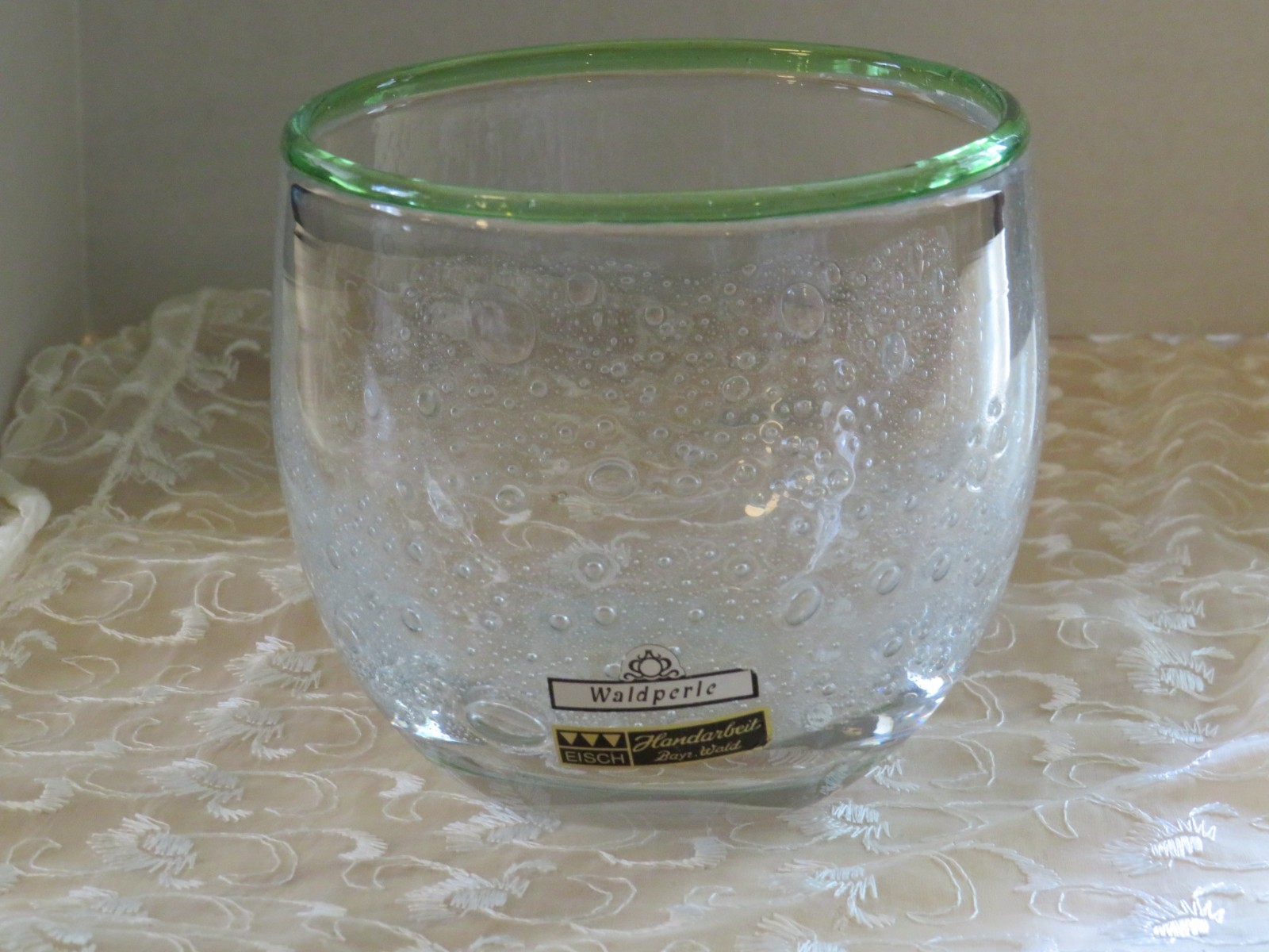 Signed Eisch Waldperle German Glass Bowl Vase Bubble w/ Green Rim 4 1/4″ Tall
