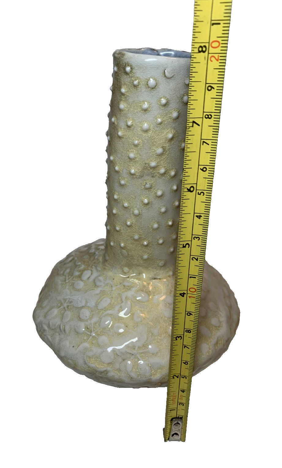 Signed Studio Pottery Textured Dot Floral Vase Organic Vtg Modern Crackle Glaze