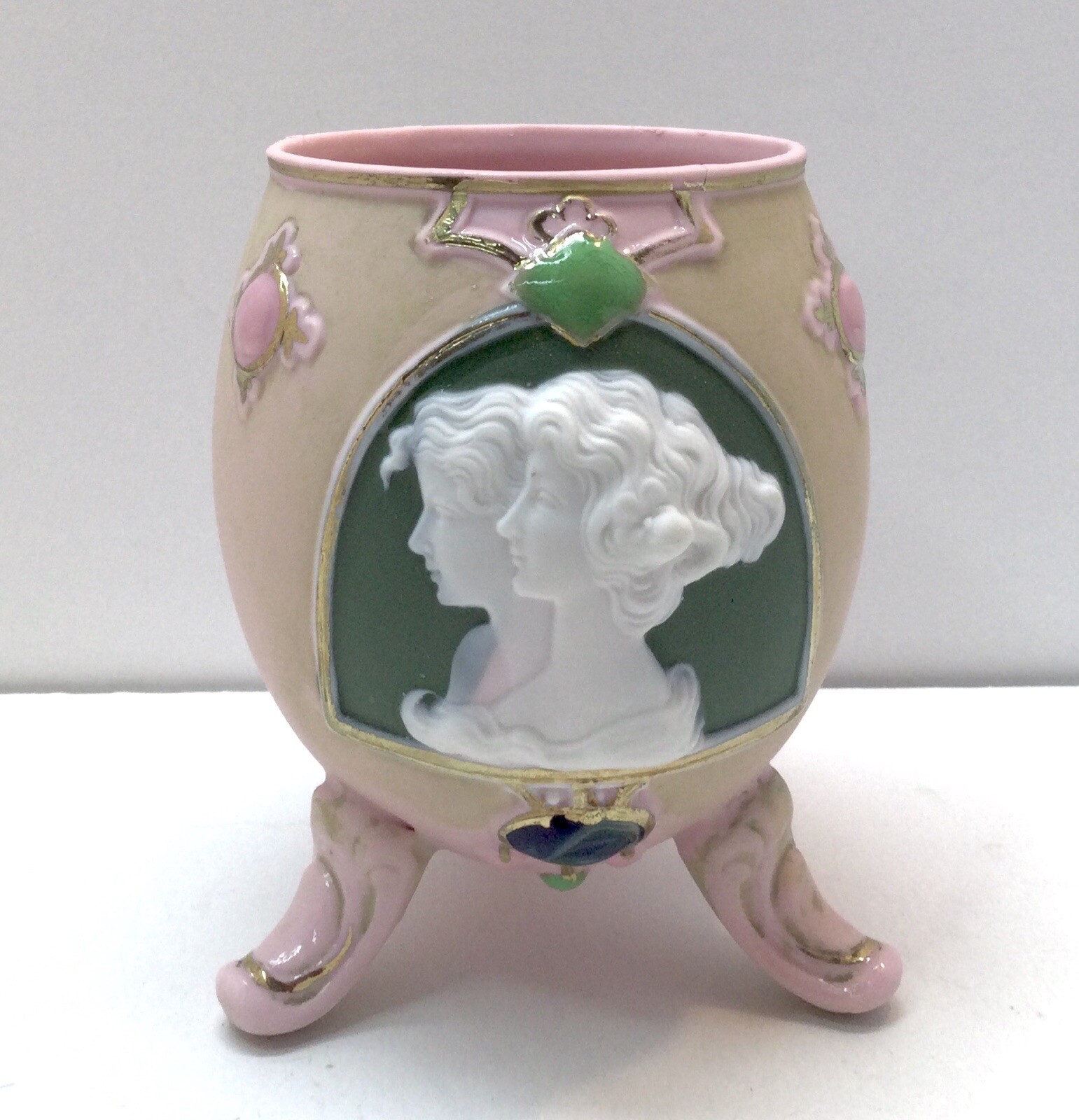Antique Schafer Vater Rudolstadt Jasperware Three Footed Jeweled Vase