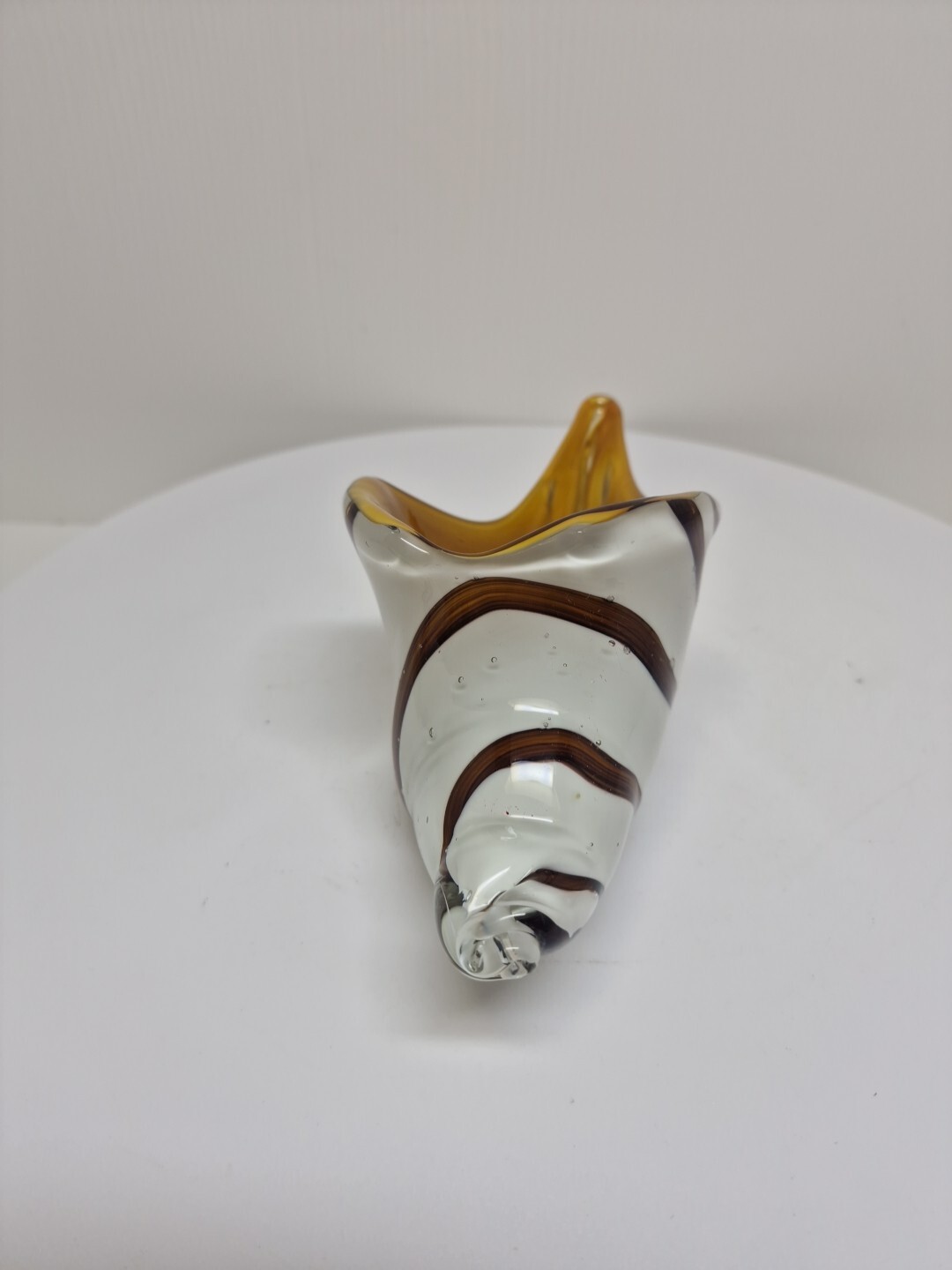 Murano Style Art Glass Shell White Brown & Yellow Figuire Paperweight Vintage