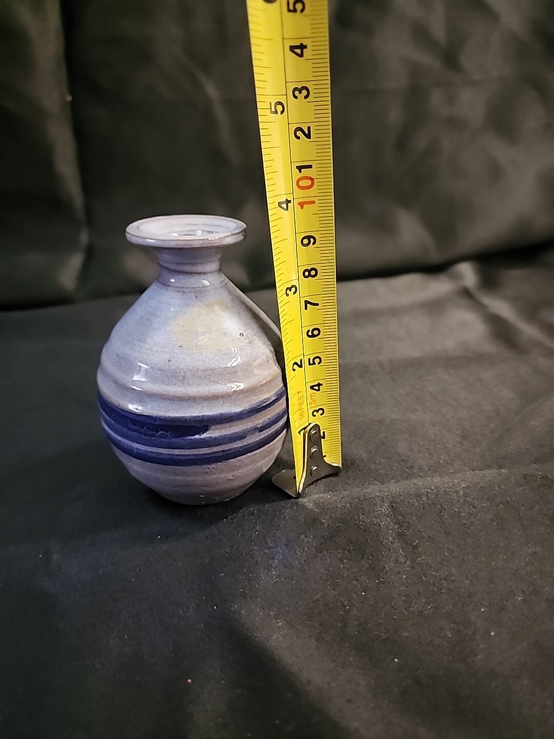 Culbreth Pottery Vase Glazed Blue Stripe 4″ Mini Signed Decorative Collectible