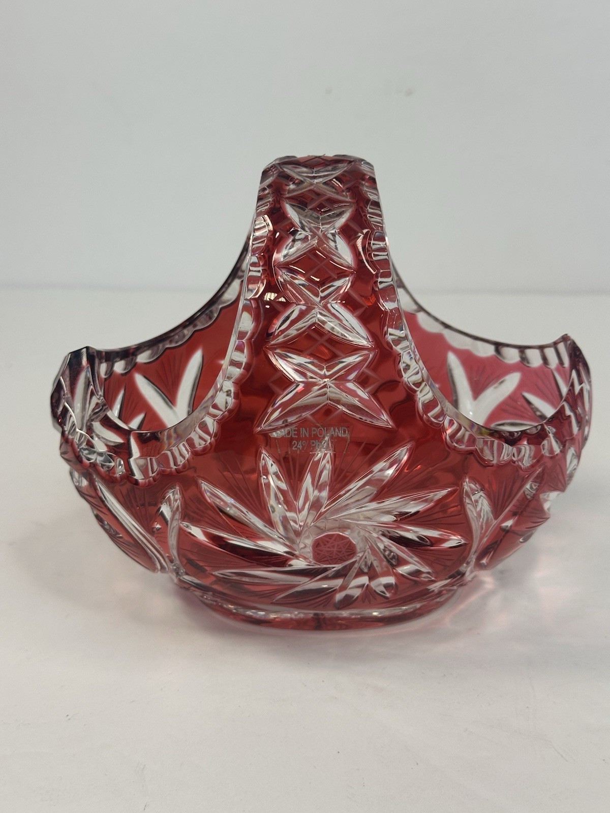 Bohemia Cranberry Cut Glass Floral Basket Centerpiece Vintage Poland MCM Classic