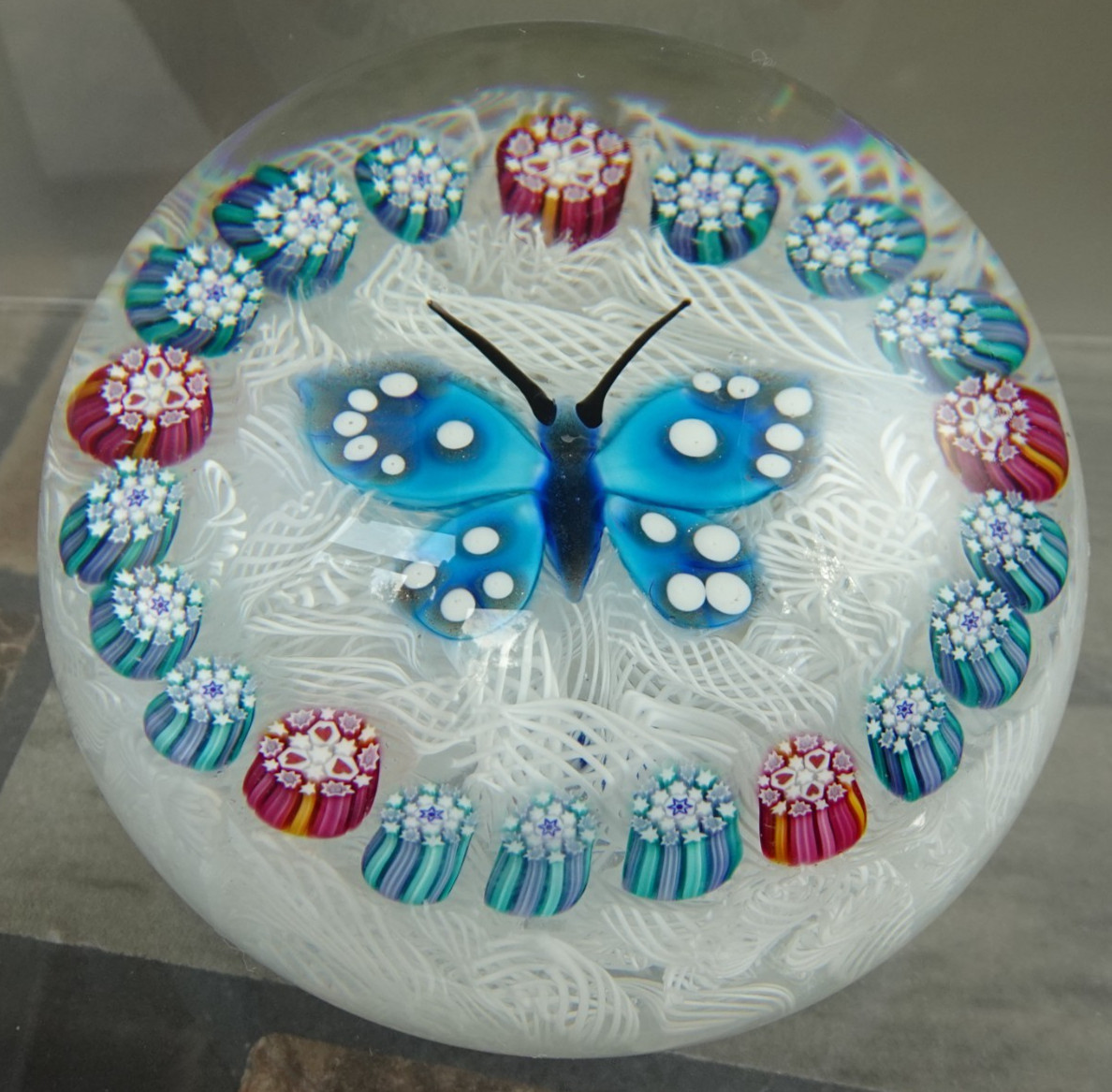 John Deacons Art Glass Butterfly Millefiori Latticino Paperweight Scotland