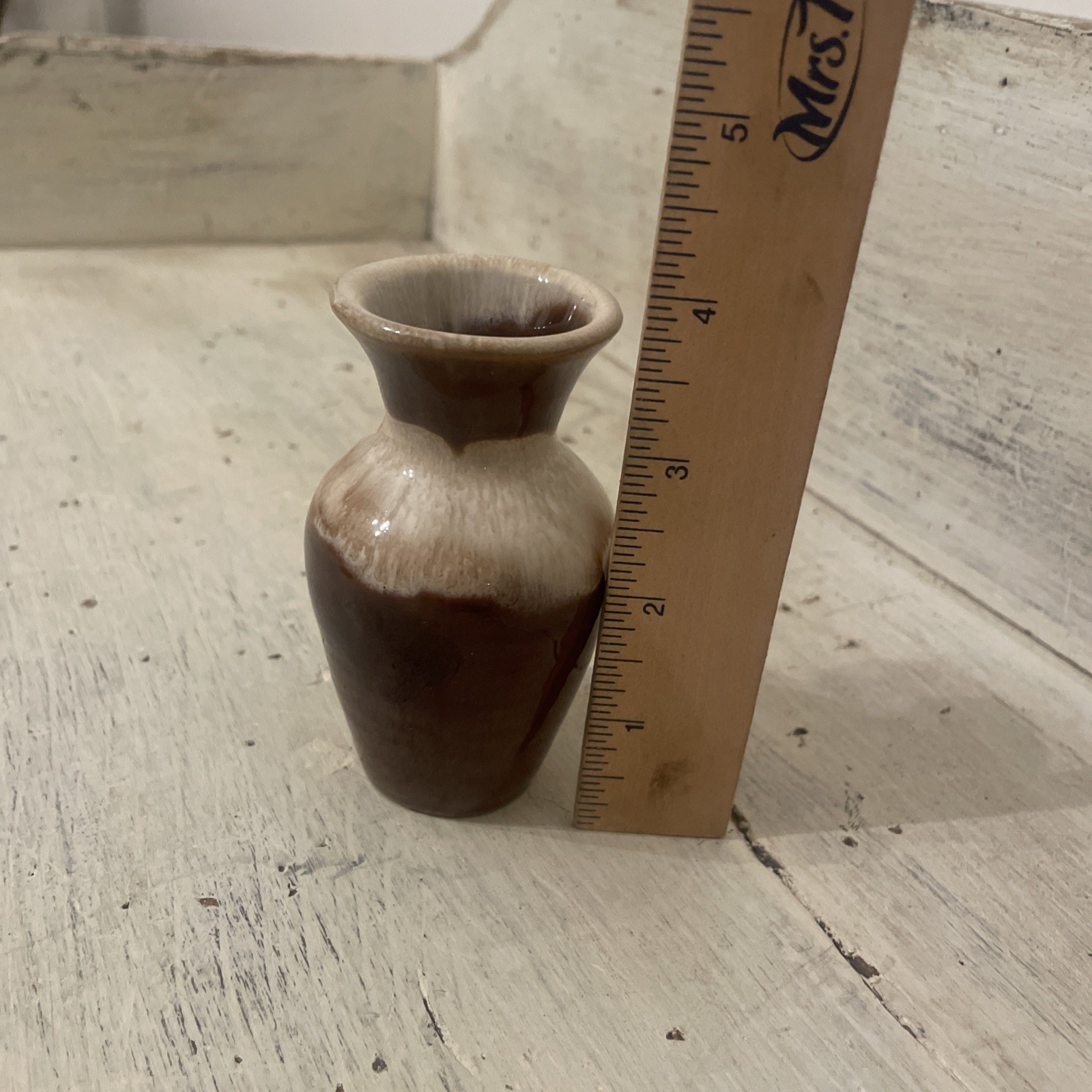 Small Stoneware Bud Vase Drip Glaze Brown & Cream 4” Cottage Cabin Core Decor