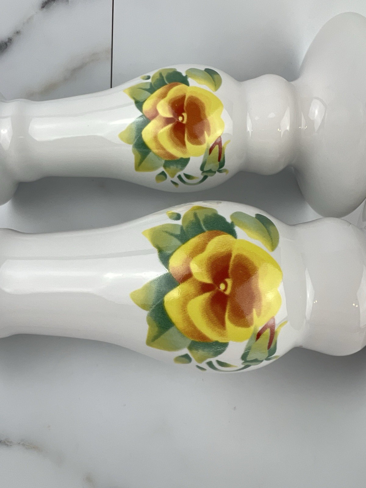 Vintage White Porcelain with Yellow Flowers Candle Stick Holders 6” Set Of 2