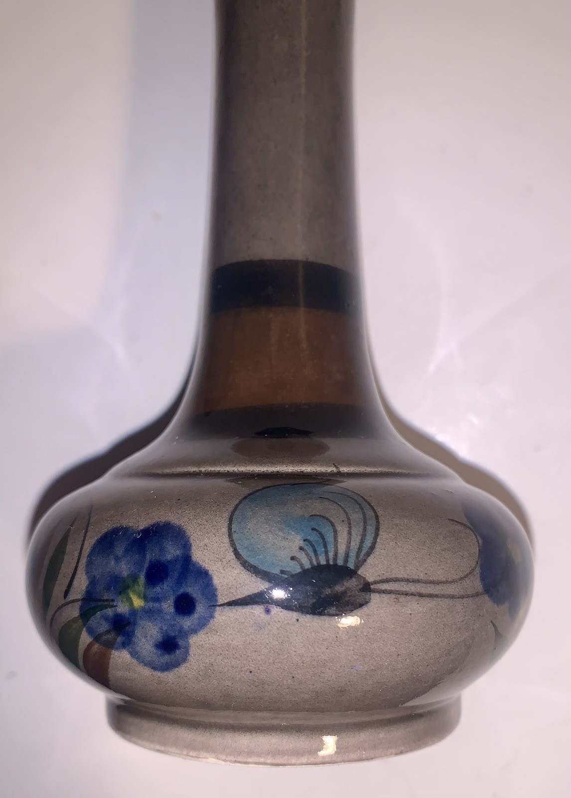 Mexican Folk Art Pottery Tonala Gray Hand Painted Floral Vase 7”
