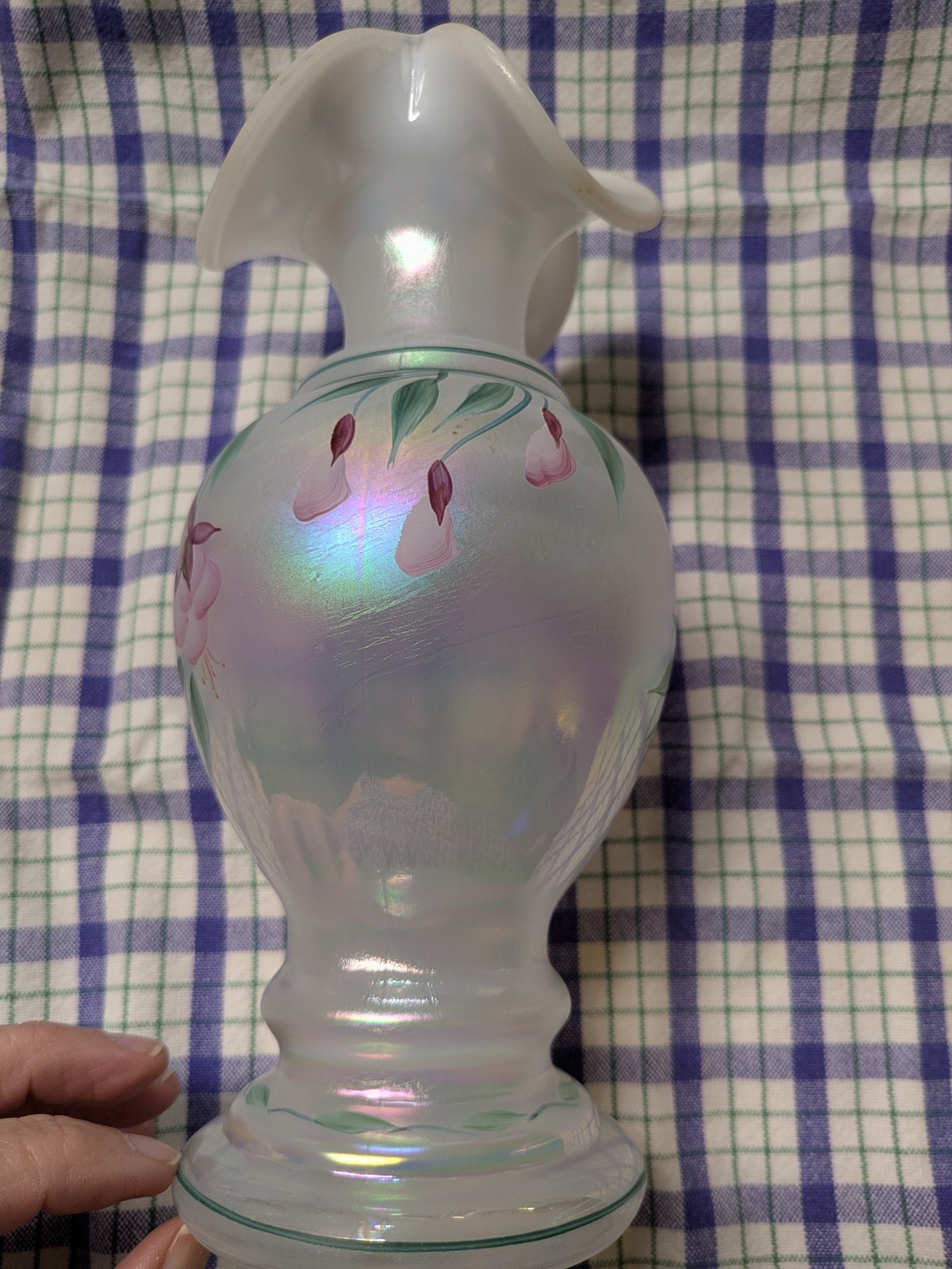 Fenton 1998 HP Fuschia Opalescent Satin Vase, Bill Fenton Sig, LE #1553 Iridized