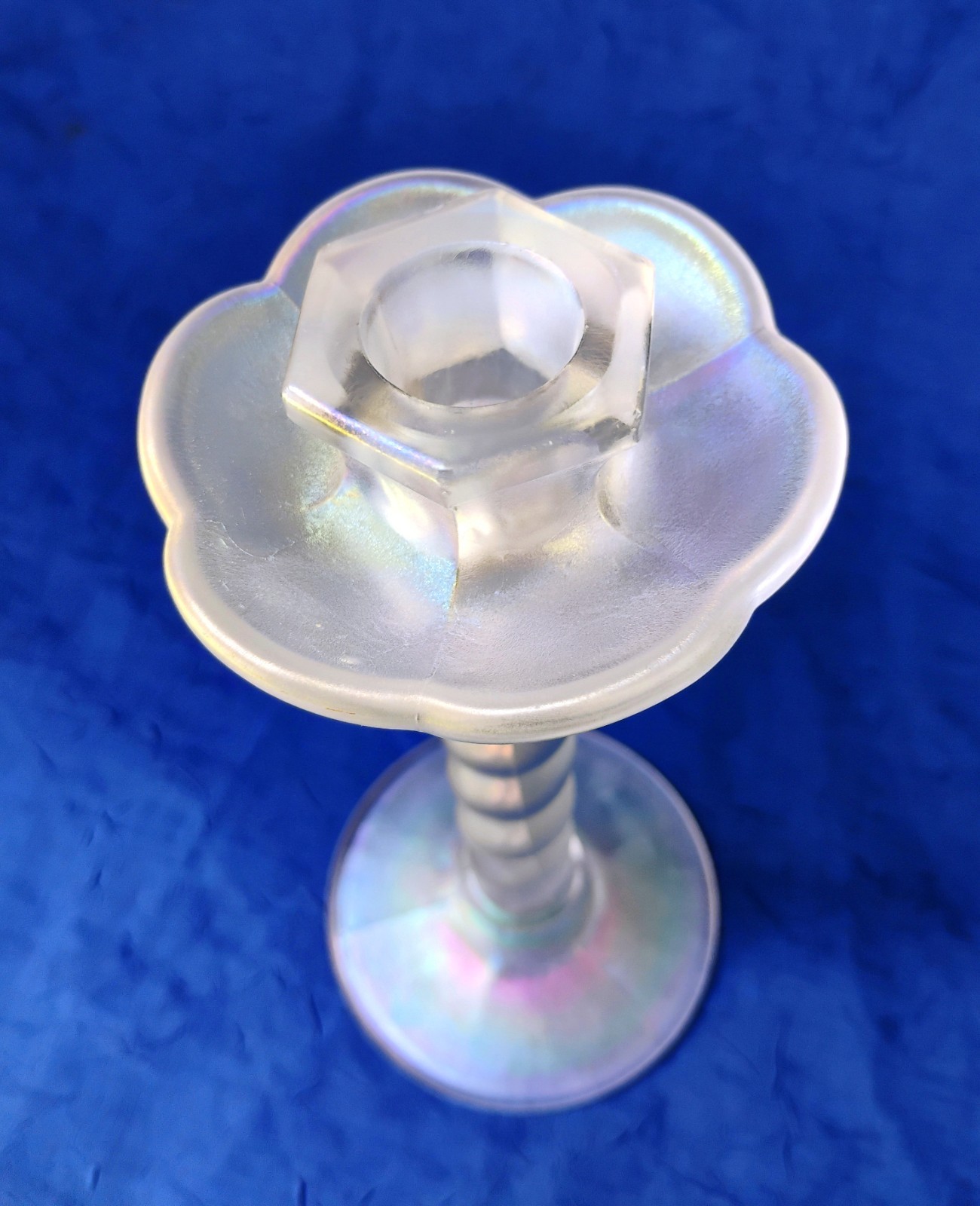 Vintage Frosted Stretch Glass Iridescent Twist Candlestick Candle Holder Tiffin?