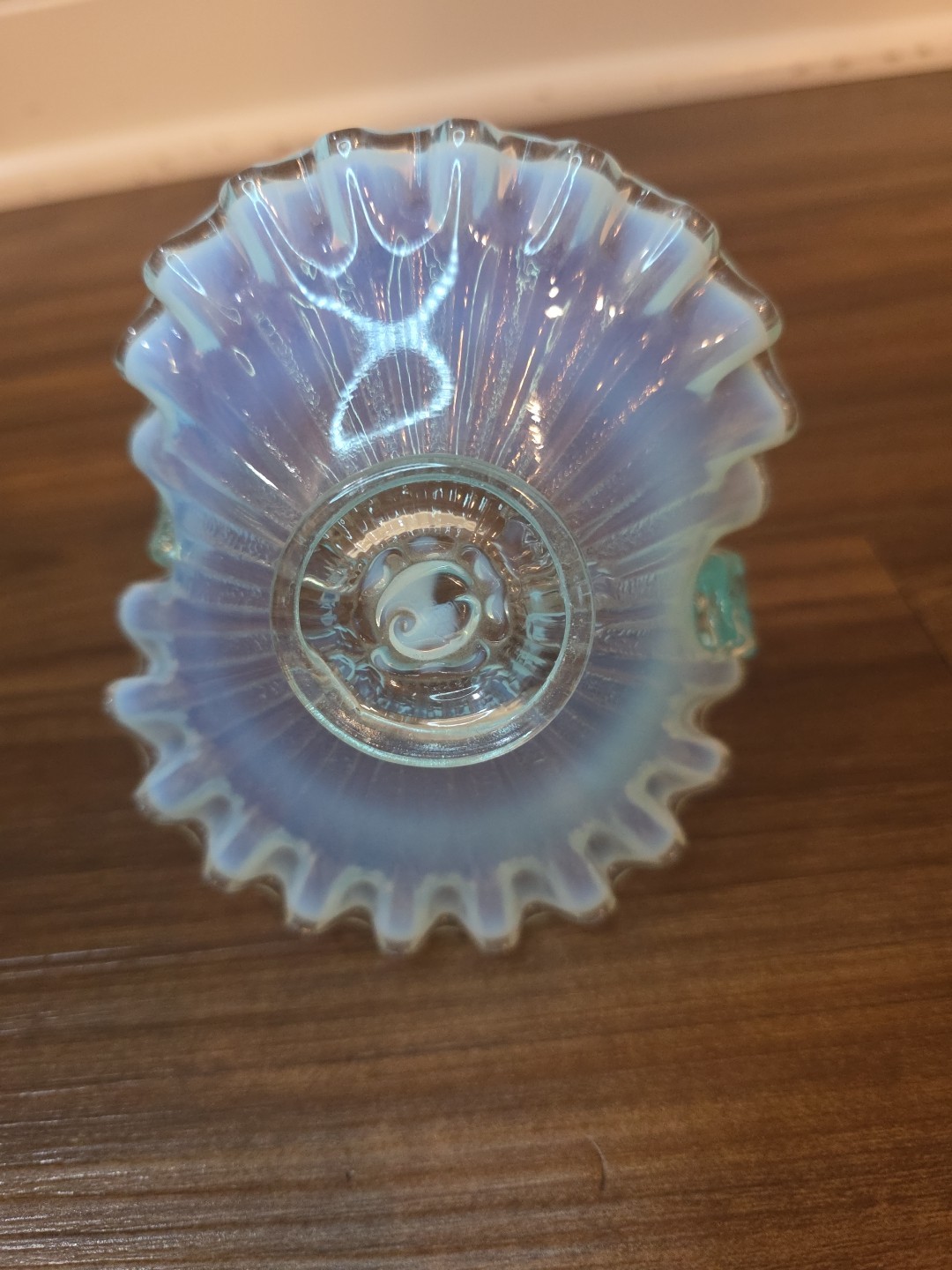 Vintage Fenton Hobnail Opalescent Vulcan Pattern Basket Bluish-White Glow