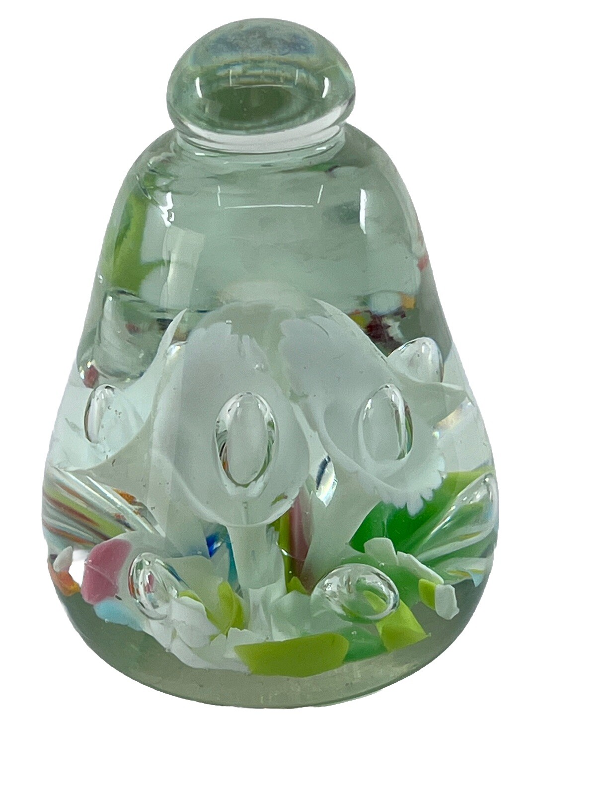 Bell Paperweight Studio Glass White Calla Lilies-Controlled Bubbles-EASTER 4.75″