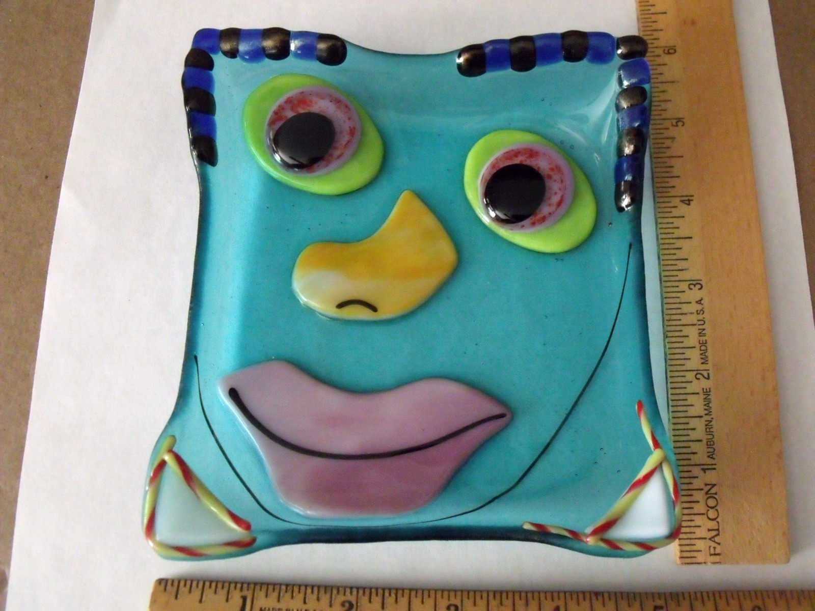 Curtiss Olson 1992 Signed Fused Glass Whimsical Face