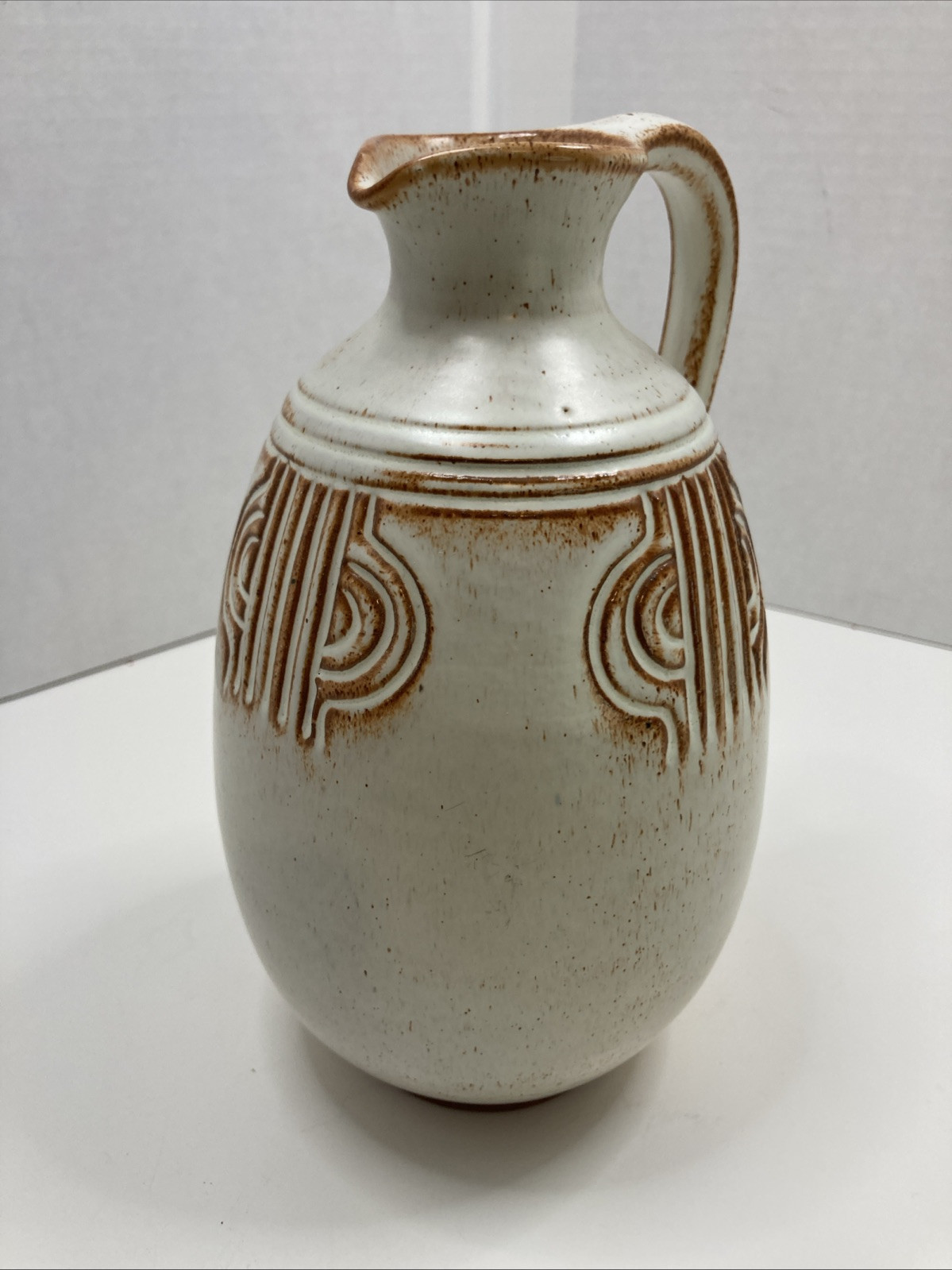 CHS Cyprus Handicrafts Studio Carved Pottery Speckled Ewer Pitcher 7.75” Greek