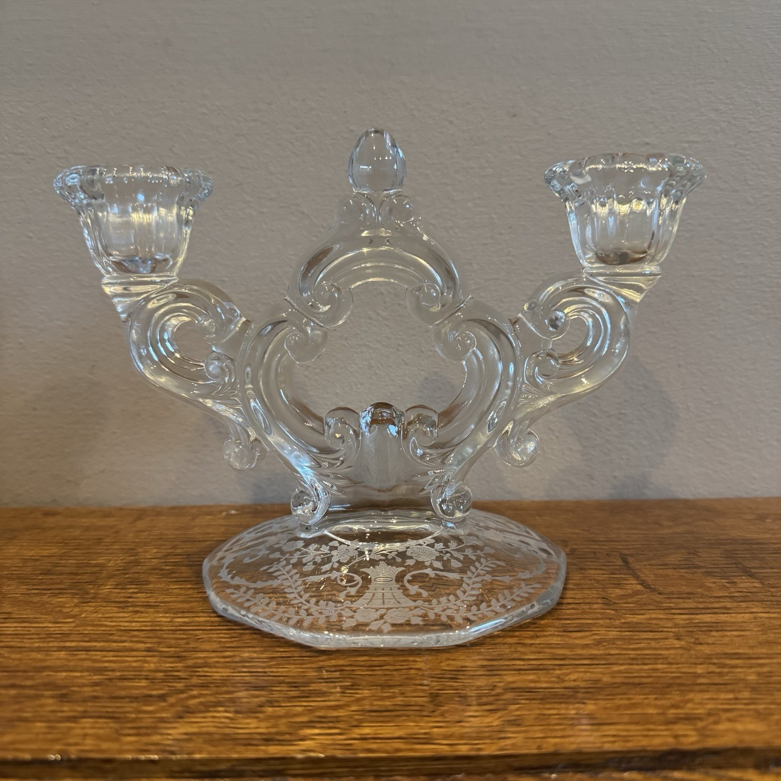 Vintage Cambridge Rose Point 3-Arm Etched Keyhole Glass Candleholder Candelabra