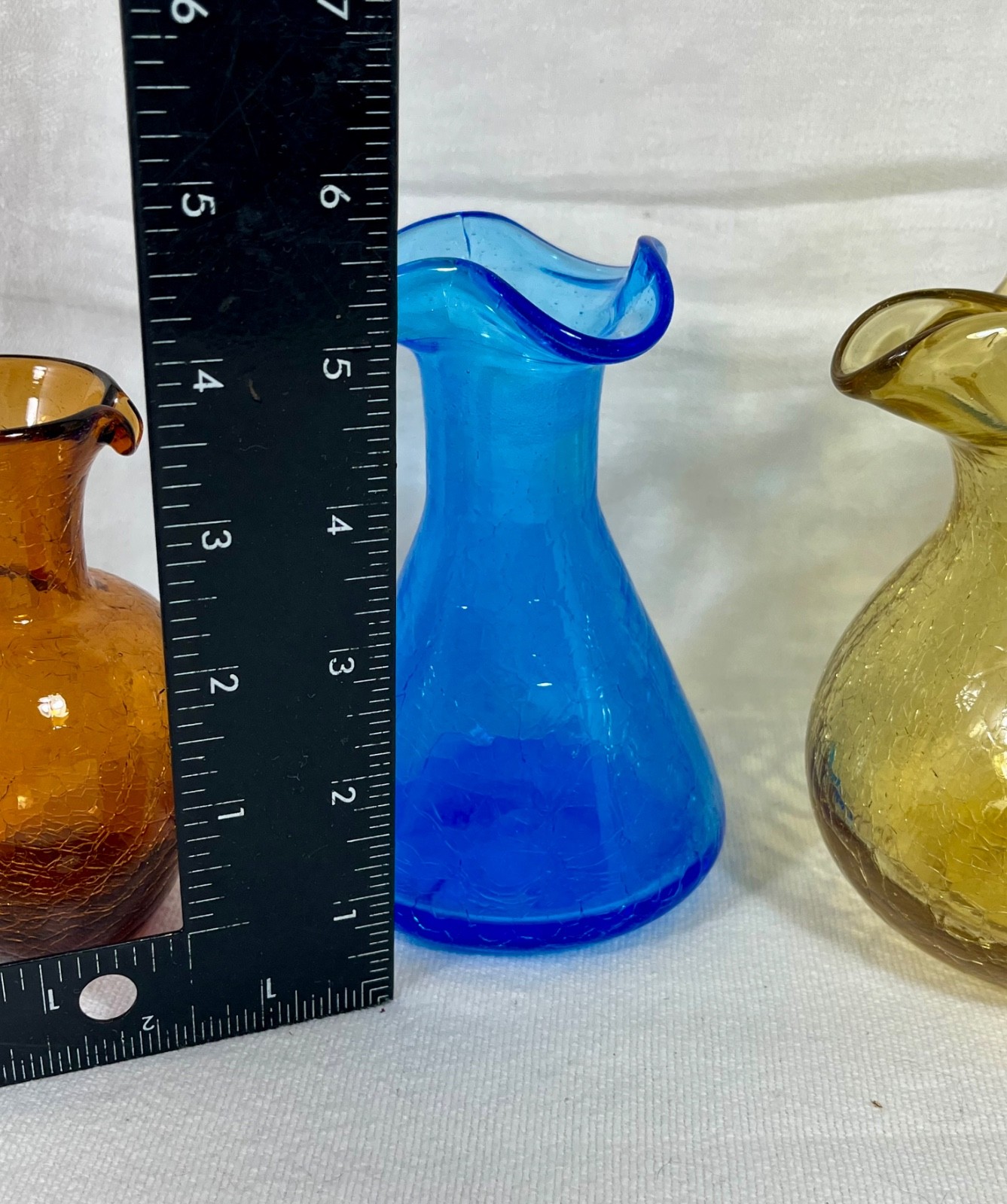 Vtg Lot Of 3 Hand Blown Crackle Glass Pitcher Vase Jug Amber Yellow Blue