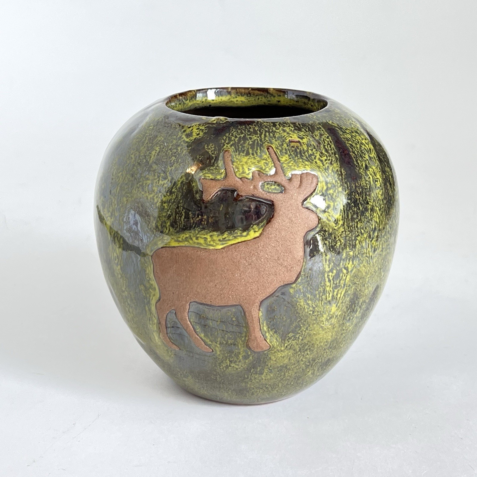 Art Pottery Clay Vase With Two Elk 5 Inch Tall Cottagecore Vietnam Cabin Decor