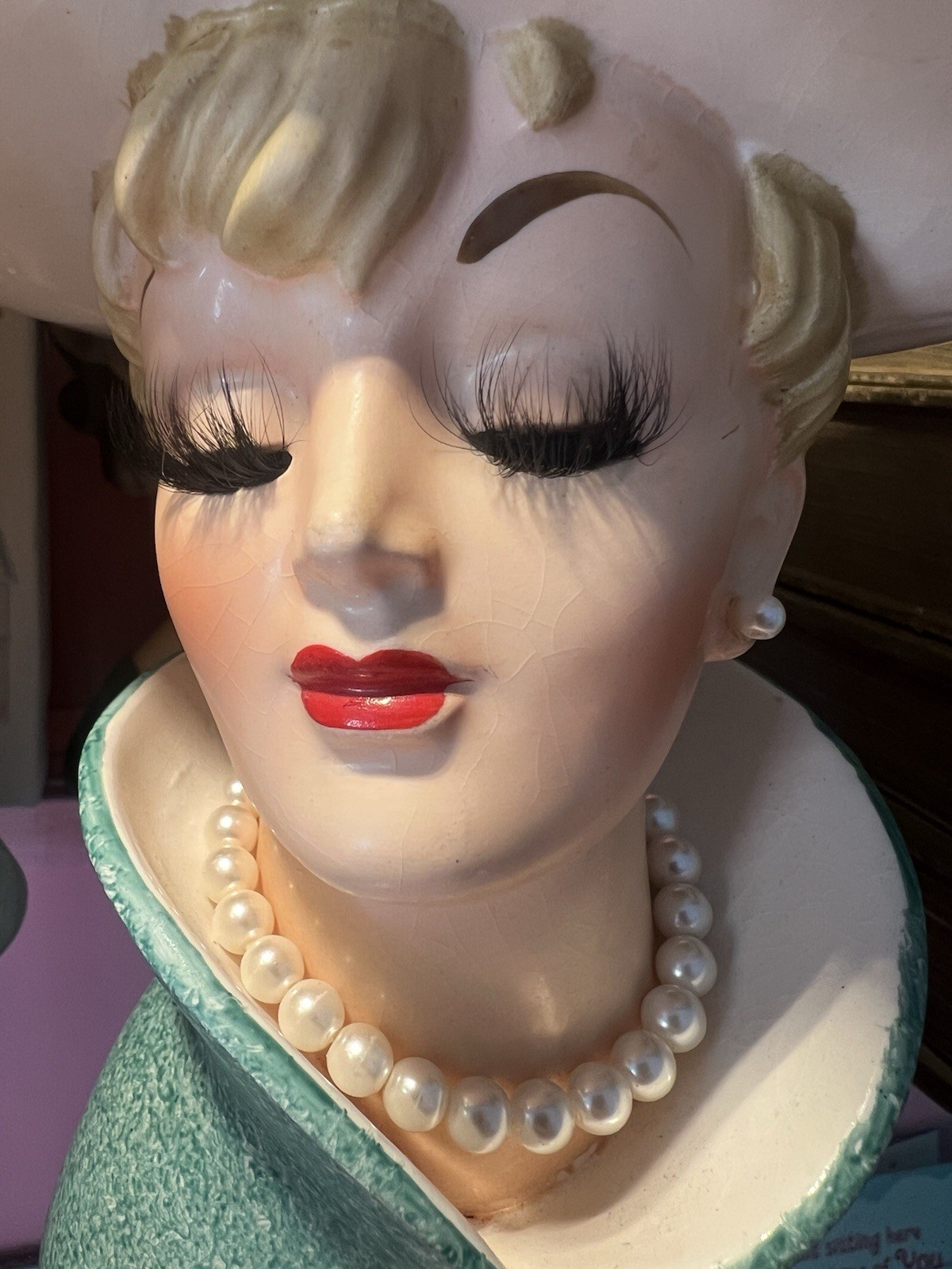 Relpo Lady Head Vase Real Eyelashes Blonde Hair 5 Blue Hat Blue Dress Japan VTG