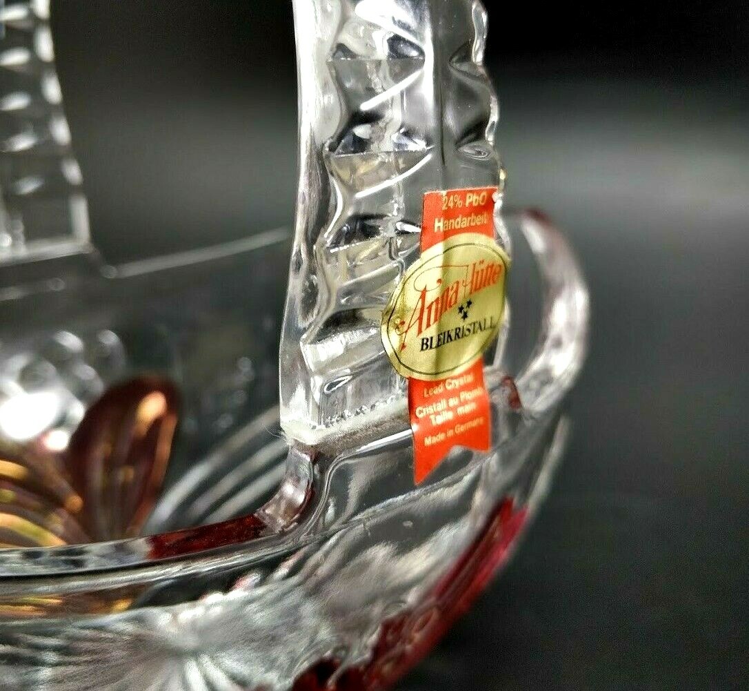 Anna Hutte Bleikristall Germany Hand Cut Lead Crystal Basket Handle Red Flower