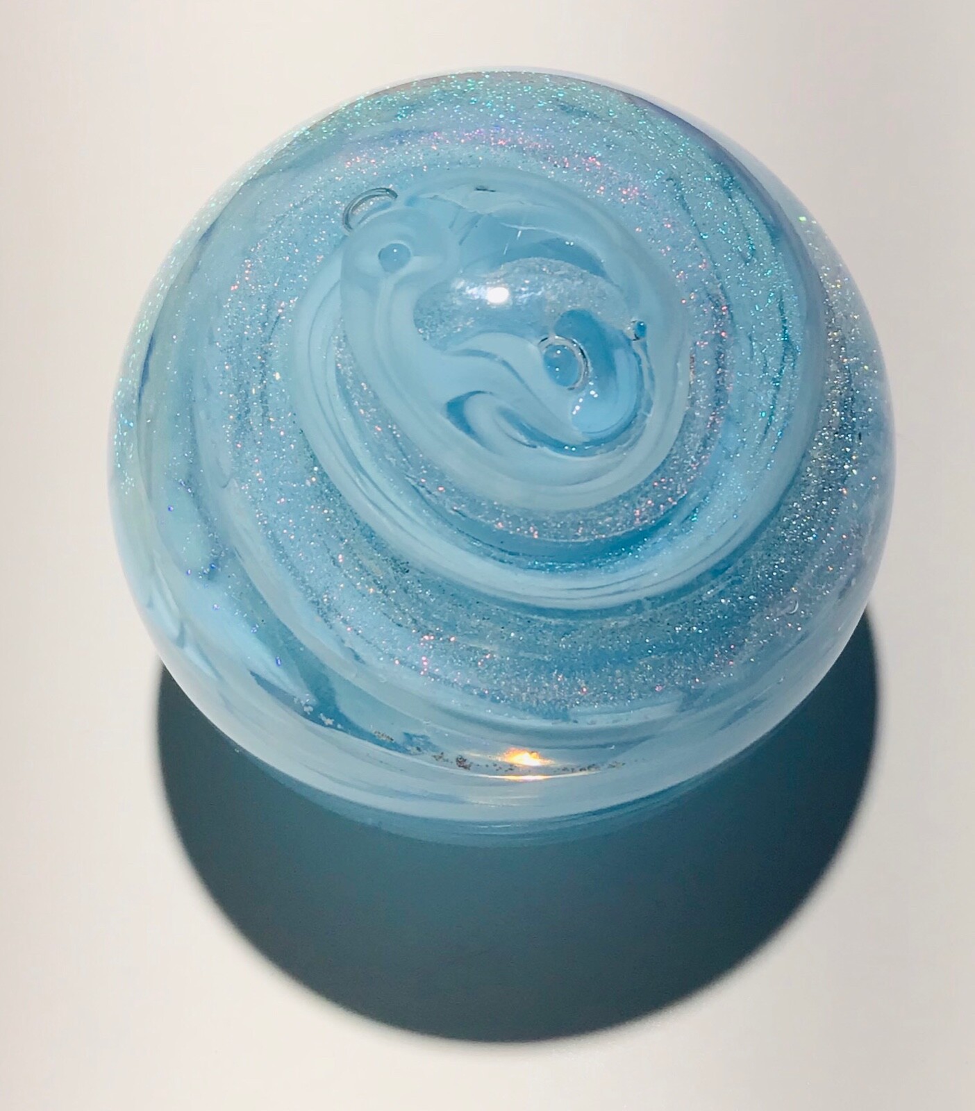 Handmade Dichroic Glass Paperweight by Janet Wolery – BLUE CLOUD SWIRL – 3 1/4”