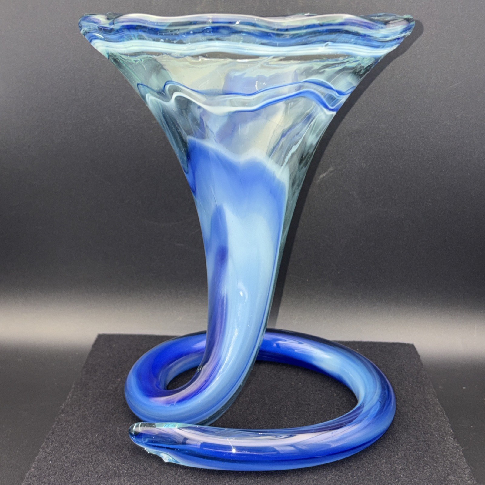 Vintage MCM Blue Swirl Art Glass Trumpet Vase 8″ Coiled Base Sooner Murano Style