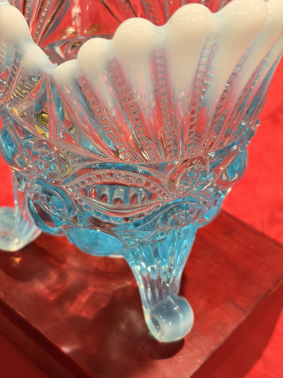 Vintage Mosser Blue Opalescent Eyewinker Spooner Glass Vase Ex Con Signed 6”