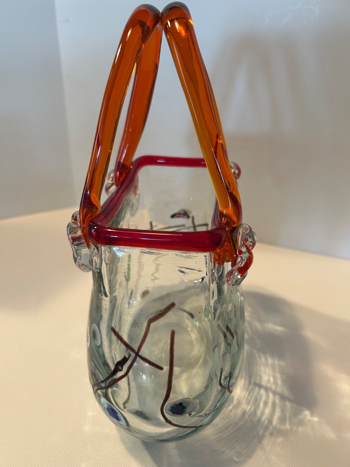 Vintage Murano Style Cavalier Art Glass Purse Vase Red Handle Floral Hand Blown