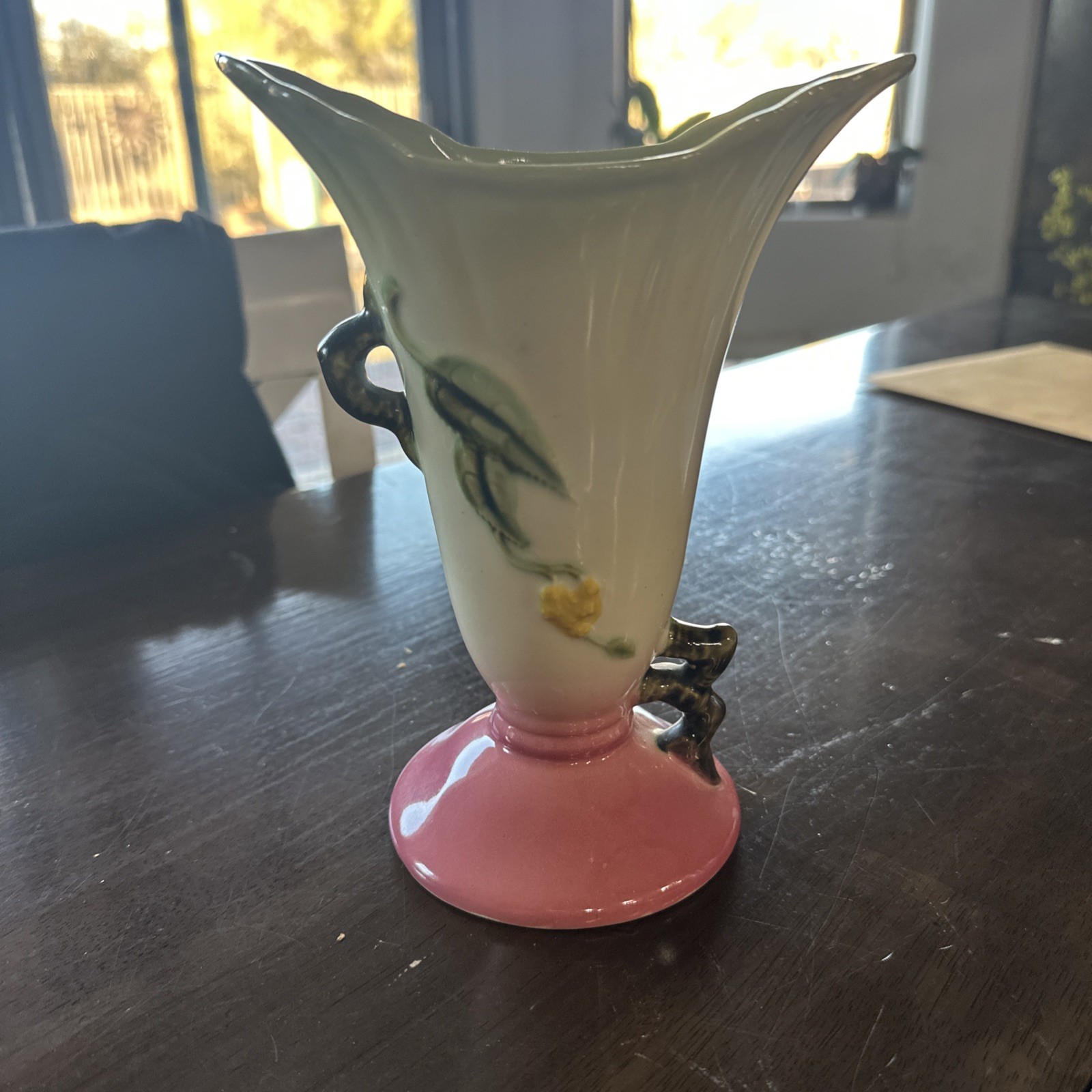 HULL Pottery Vase Pink and Yellow Glossy finish Wide mouth Made in USA