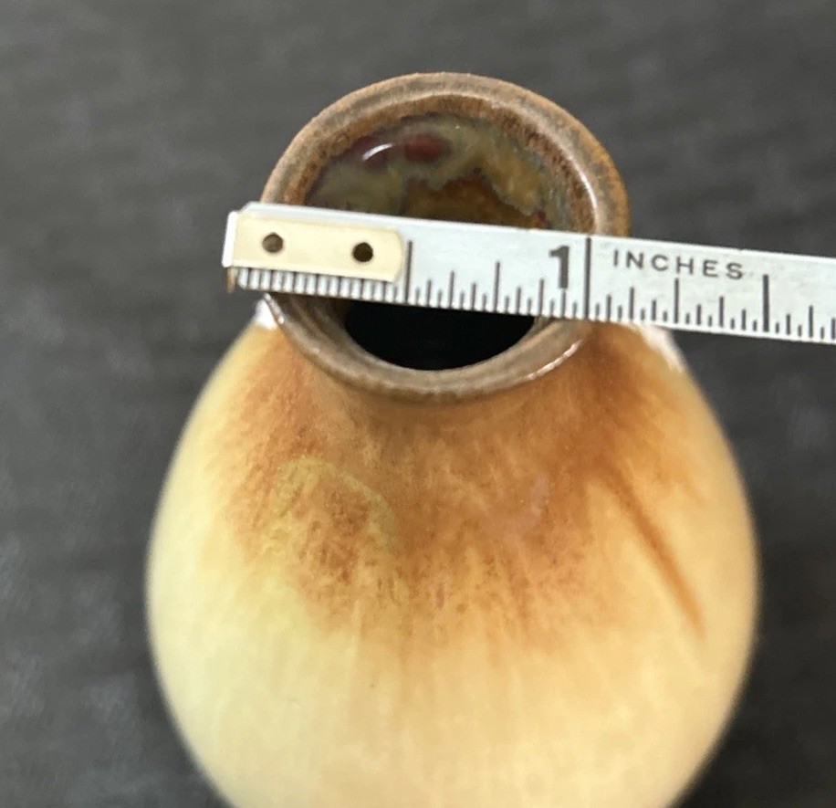 Art Pottery Clay Bud Vase Brown Top & Tan Base Glazed 4 1/2”