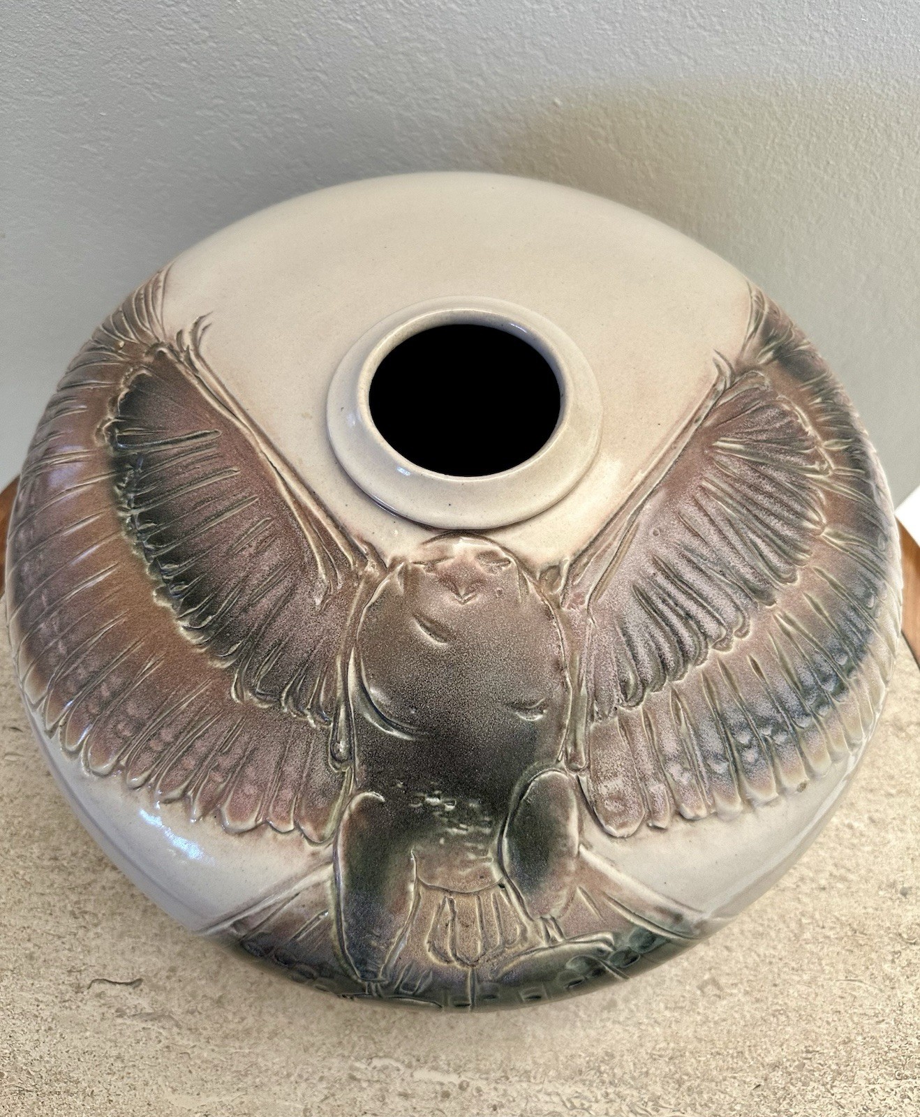 Studio Ceramic Pottery “Golden Eagle” Large Art Vessel Signed 14”D Wildlife Bird