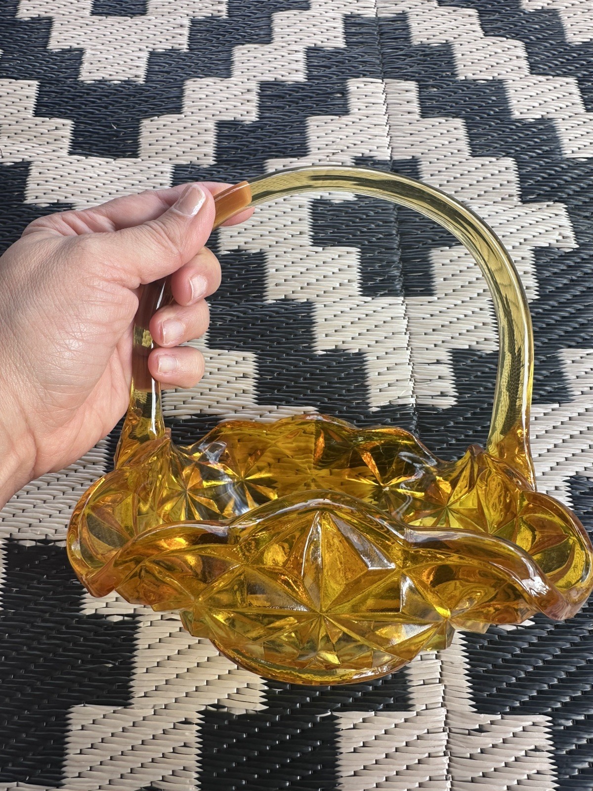 Indiana Glass Monticello Pattern Yellow Mist Amber Handled Basket Candy Dish Vtg