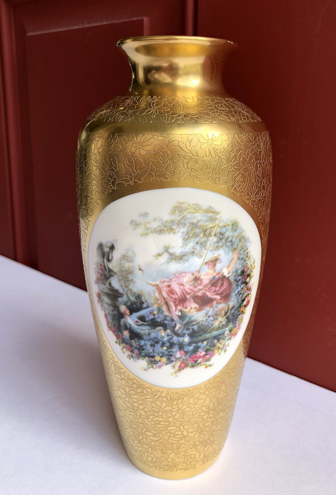 Vtg Pickard Gilt Gold Encrusted Vase Urn Romantic Courting Couple Retro Floral