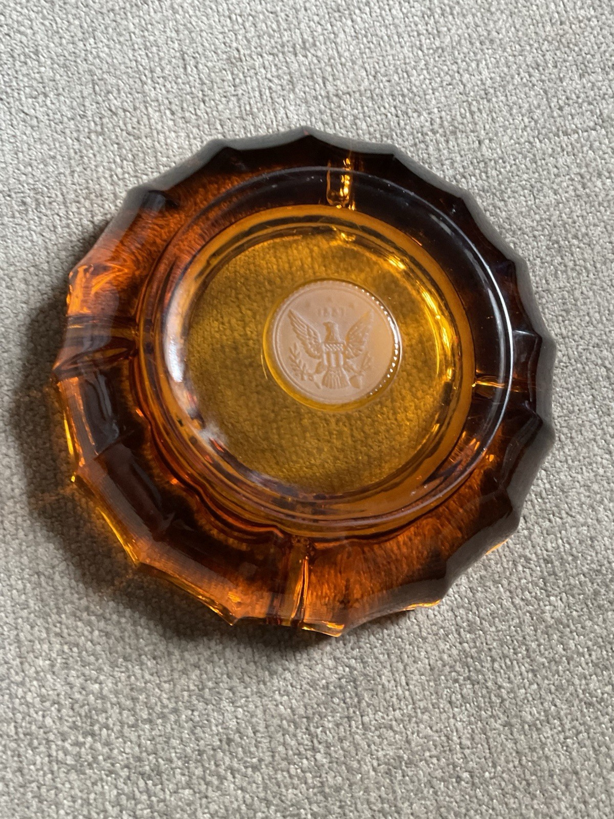 Fostoria Amber Ashtray Eagle Coin 1887 Vtg Heavy Art Glass 5” MCM