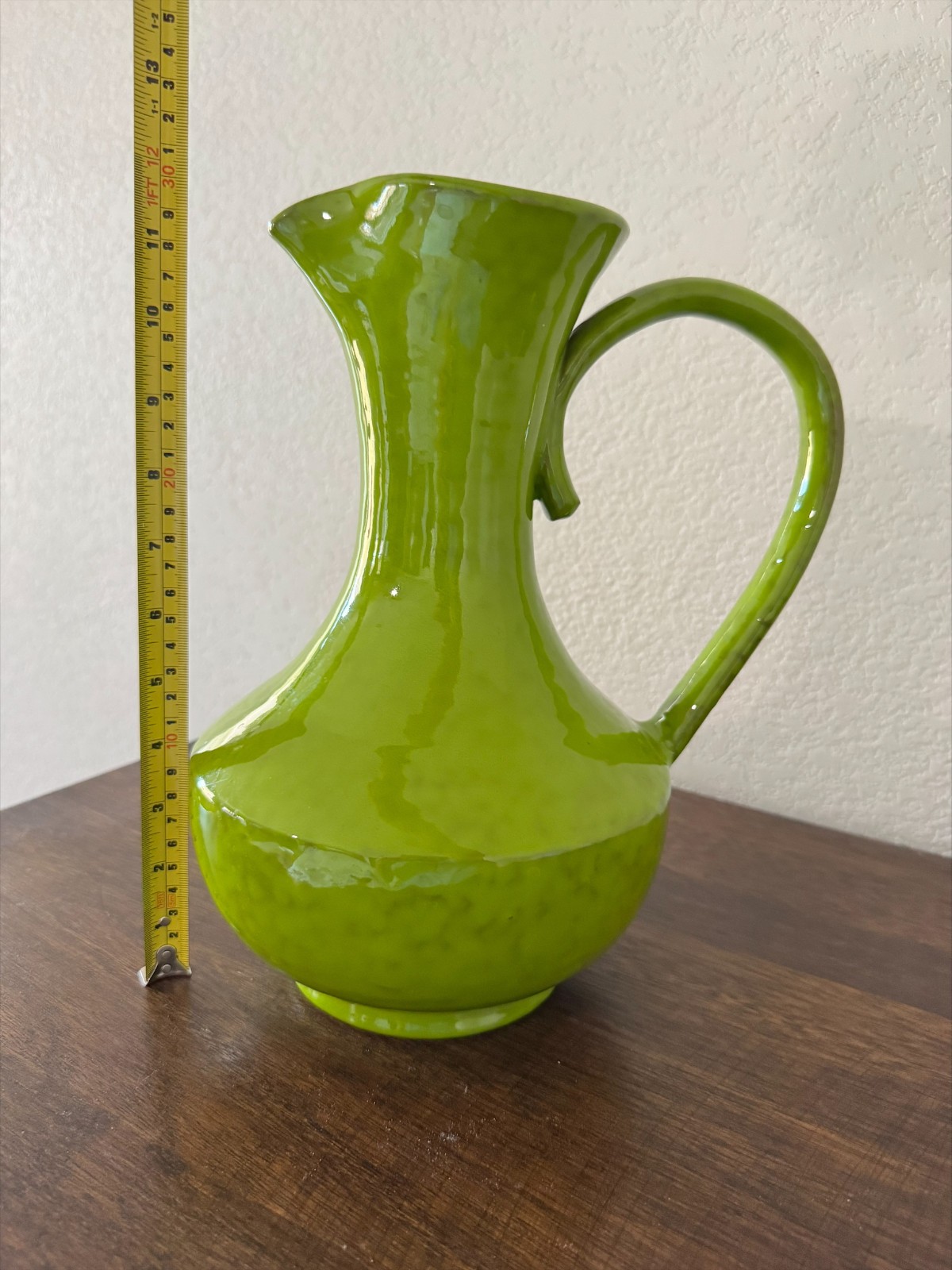 GORGEOUS Green Glazed Ceramic Pitcher Vase With Handle Mid Century Style 12”