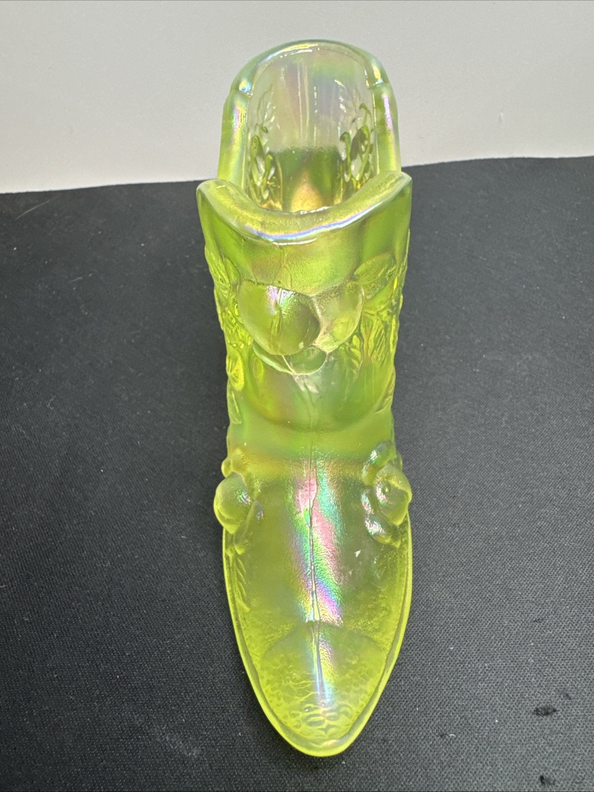 Fenton Glass Opalescent Vaseline Iridized Satin Glass Slipper Roses Glows! HTF