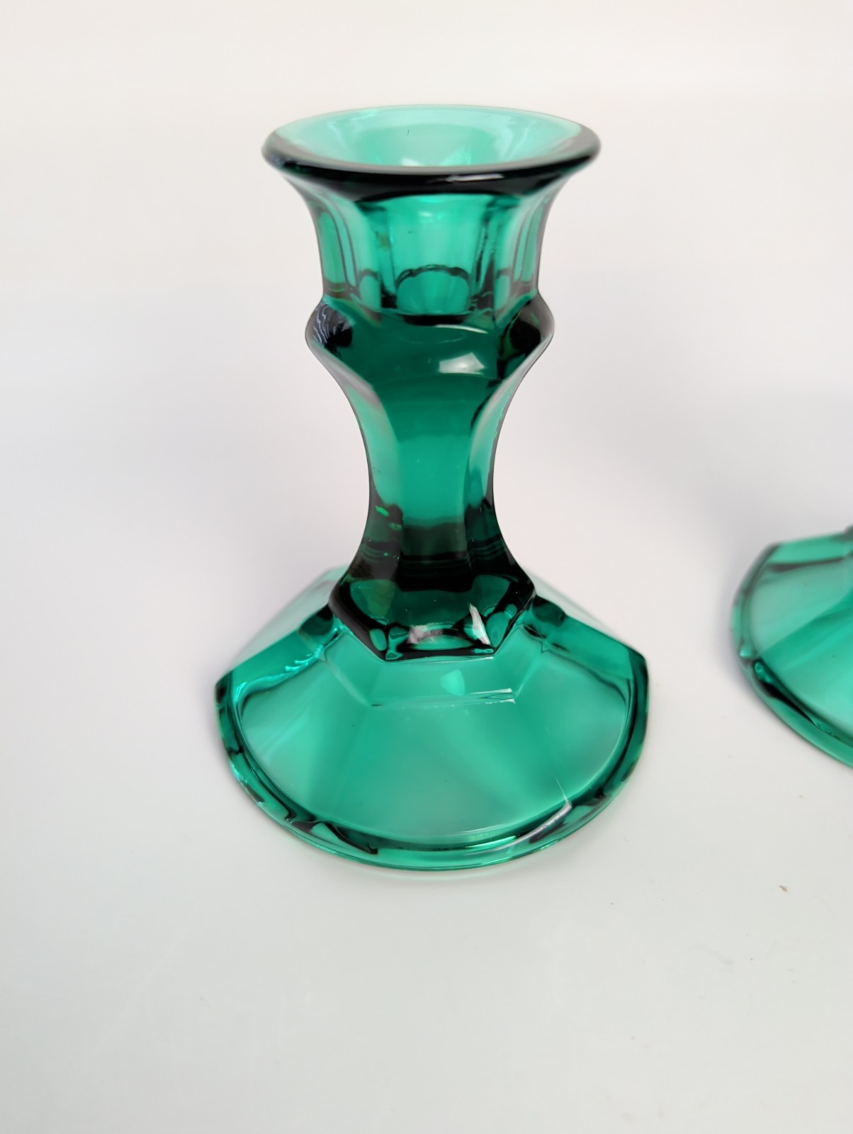 Vintage Pair Indiana Glass Teal Green Glass Candle Stick / Holder 4.5″ tall