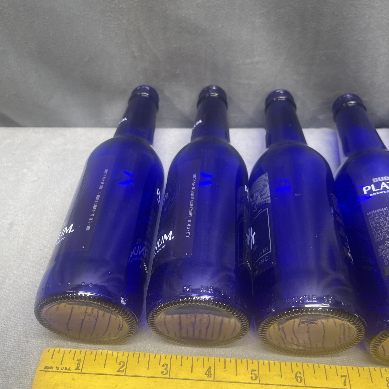 Labels On Lot Of 6 COBALT BLUE BEER BOTTLES Vases Flowers Crafts Wind Chime Tree