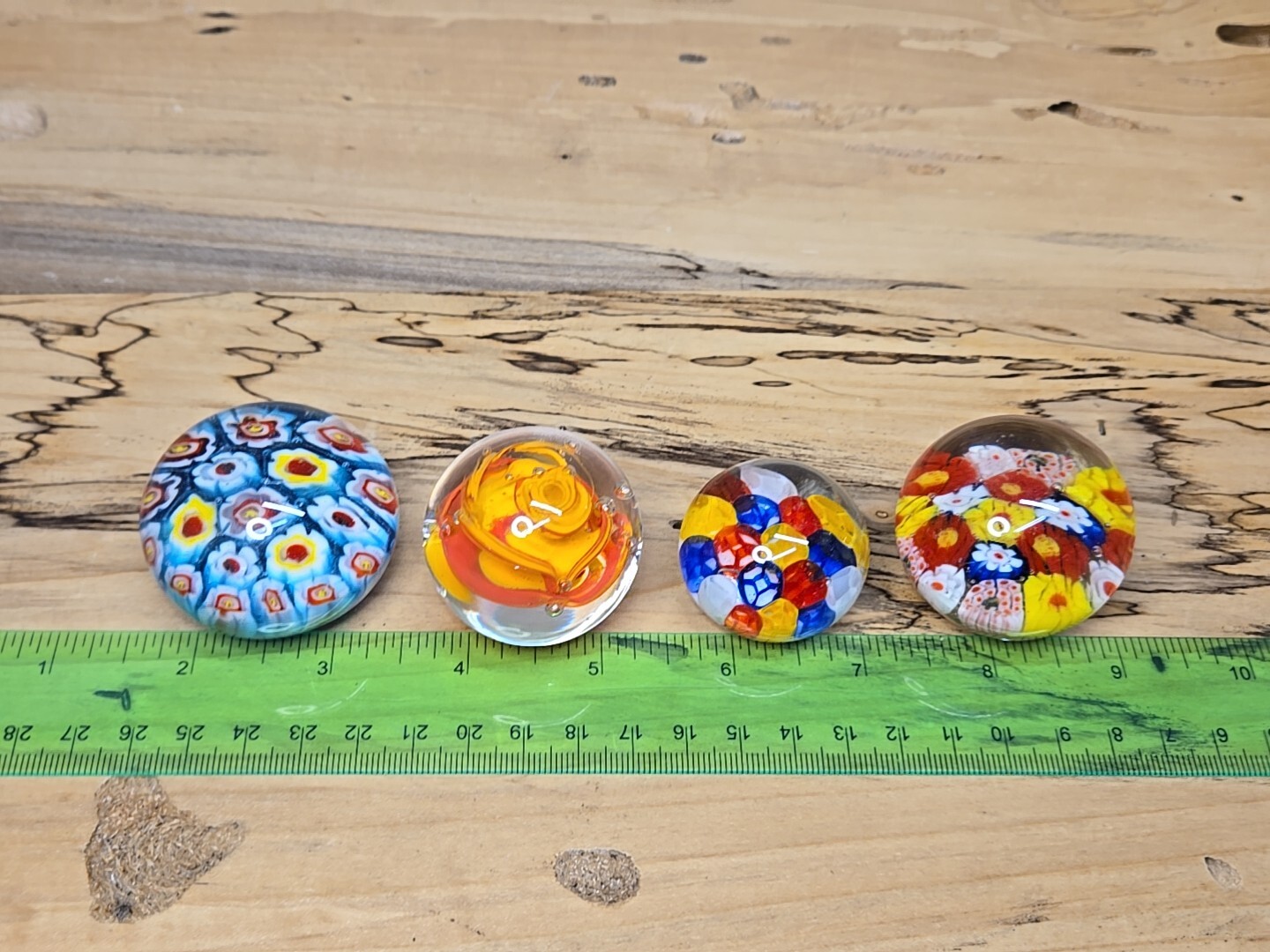 Set Of (4) Art Glass Blown Paperweight Multi Colored Small Flowers And Swirl H36