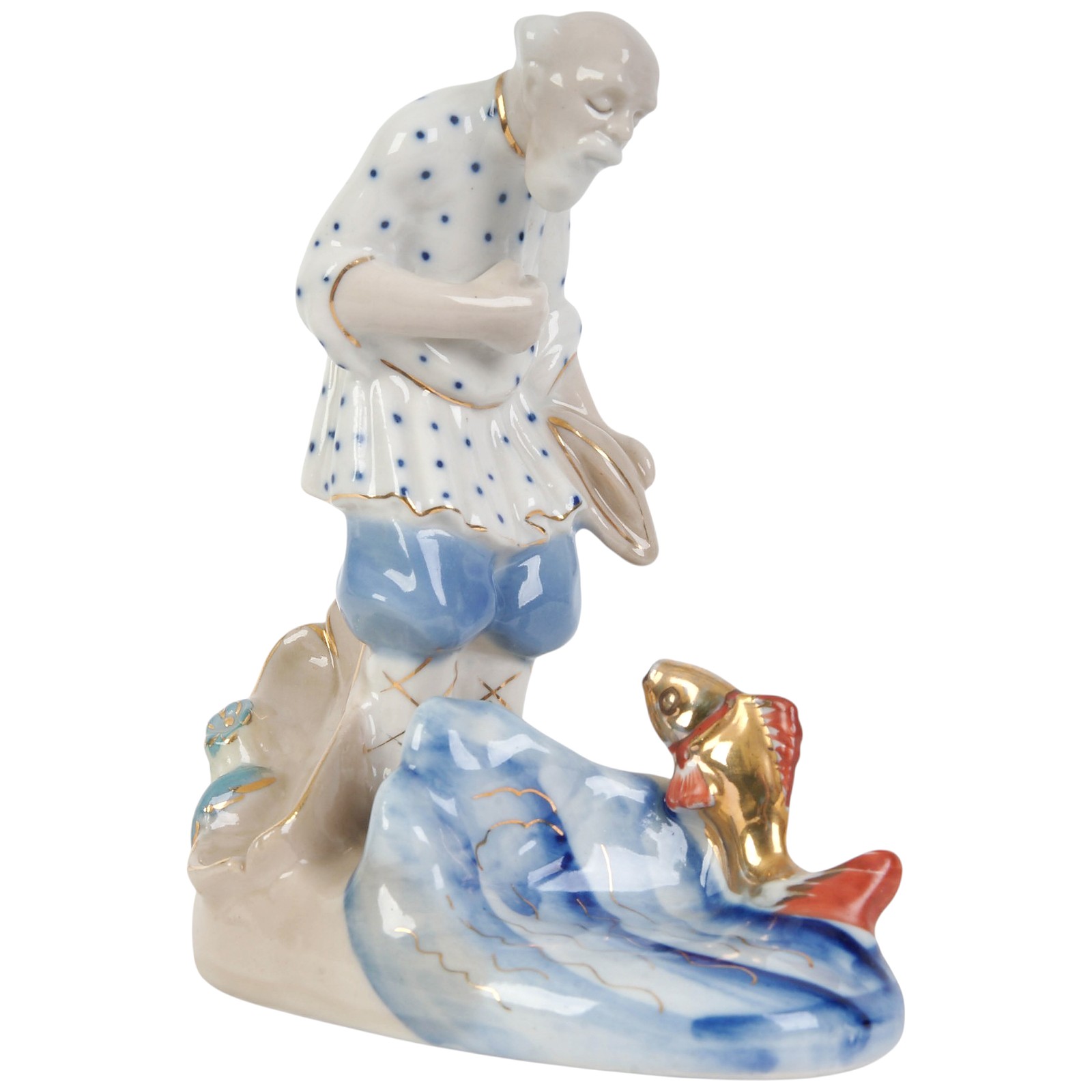 Porcelain figure “The Old Man and the Goldfish”, Gzhel, Russia (USSR), 1960s