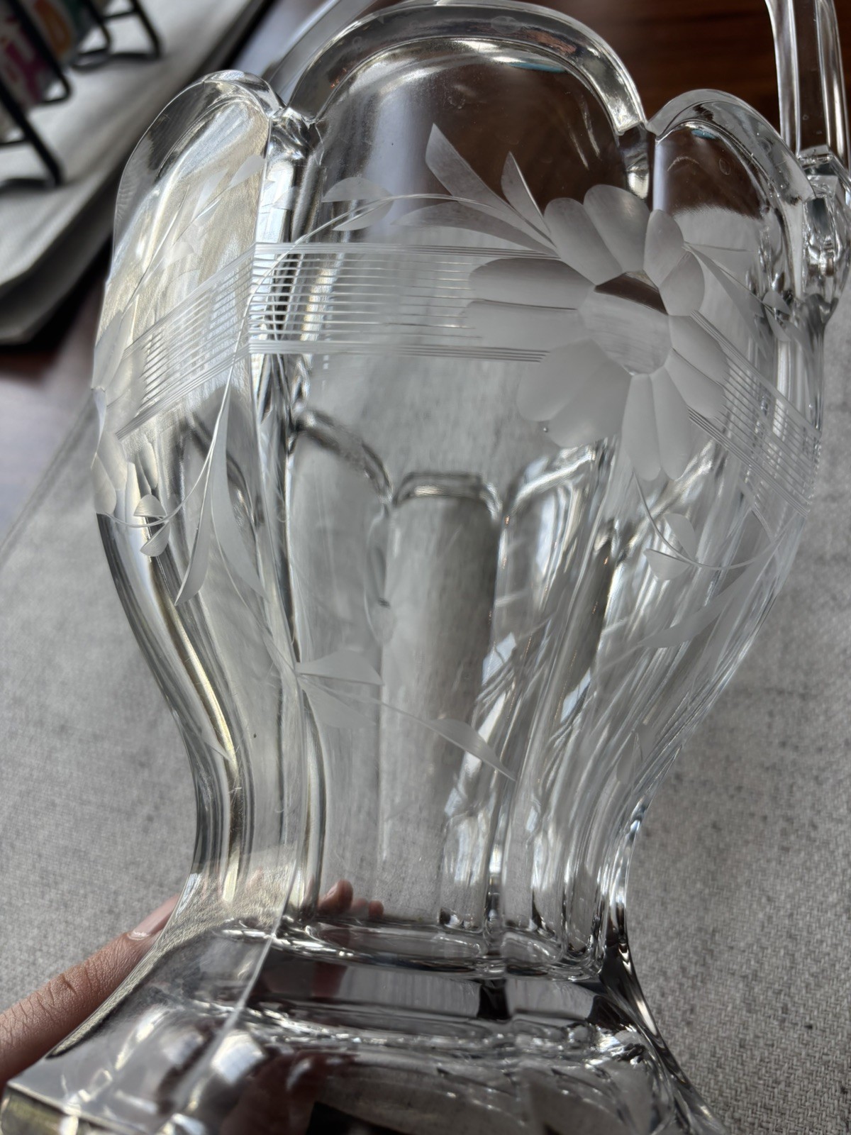 Heisey Glass Crystal Handled Basket W/Engraved Cut Flowers Vintage Clear #459