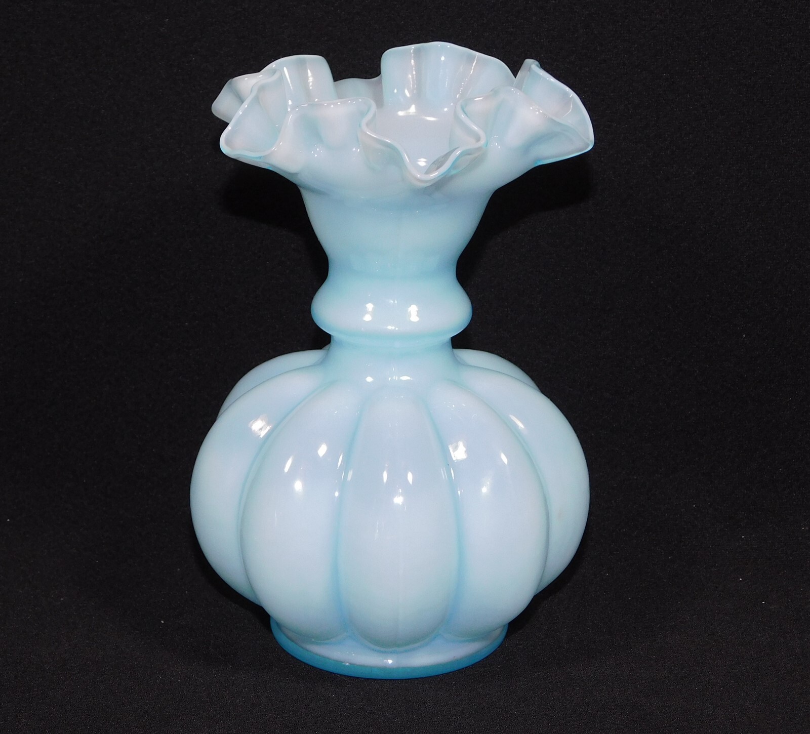 Vintage Fenton Aqua Blue Opalescent Glass Melon Vase Ruffled Edge 6″