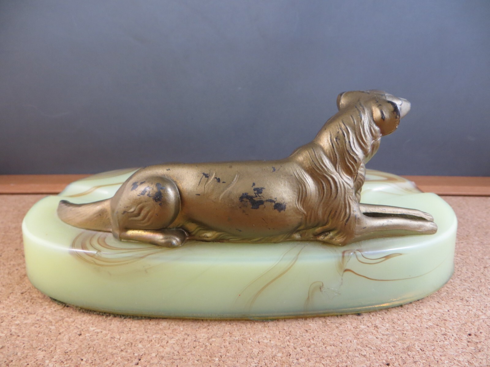 Antique Bronze Enamel Metal Borzoi Dog Figurine Swirl Stripe Slag Glass Ashtray