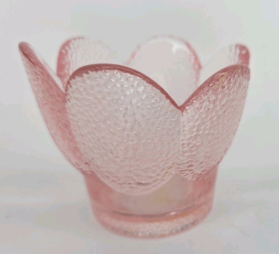 Vtg Viking Glass Glimmer Lotus Petal Votive Holder Pink Textured MCM Art Glass