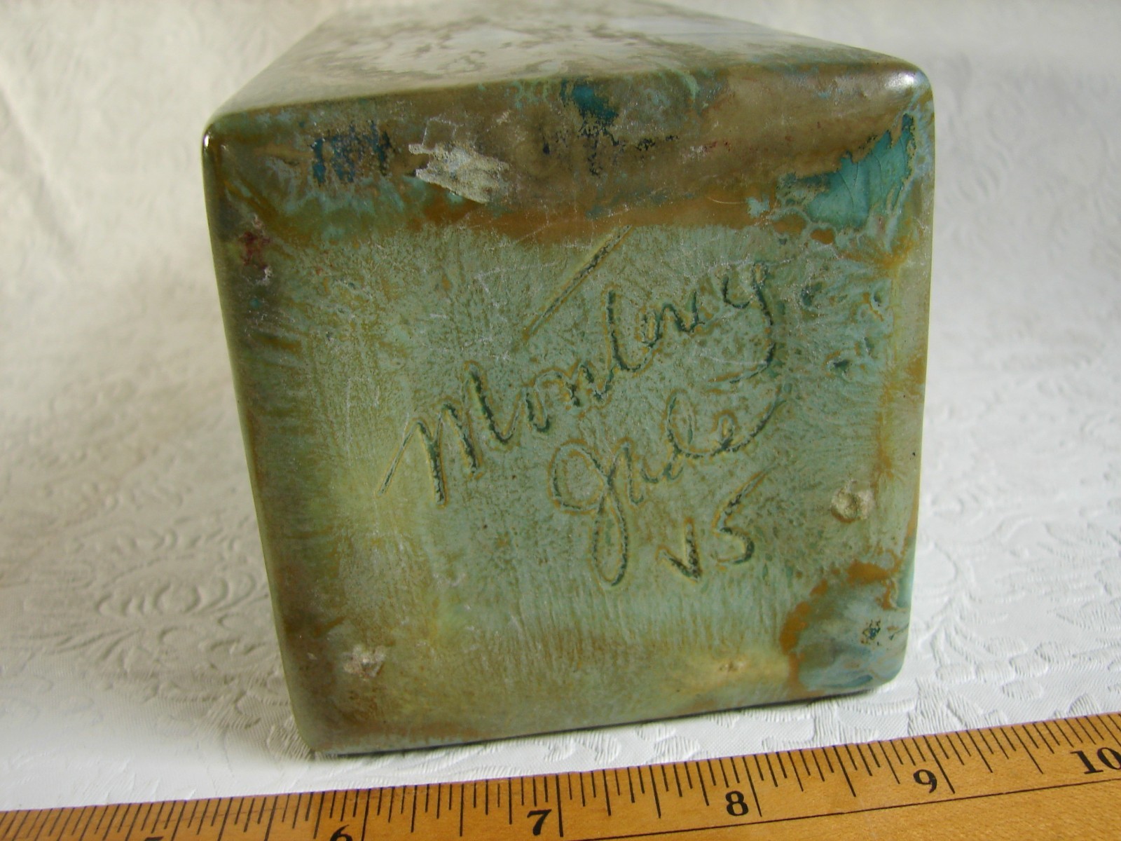 Vtg Monterey Jade Blue/Green Drip Glaze Square VASE, California Pottery MCM MJ3